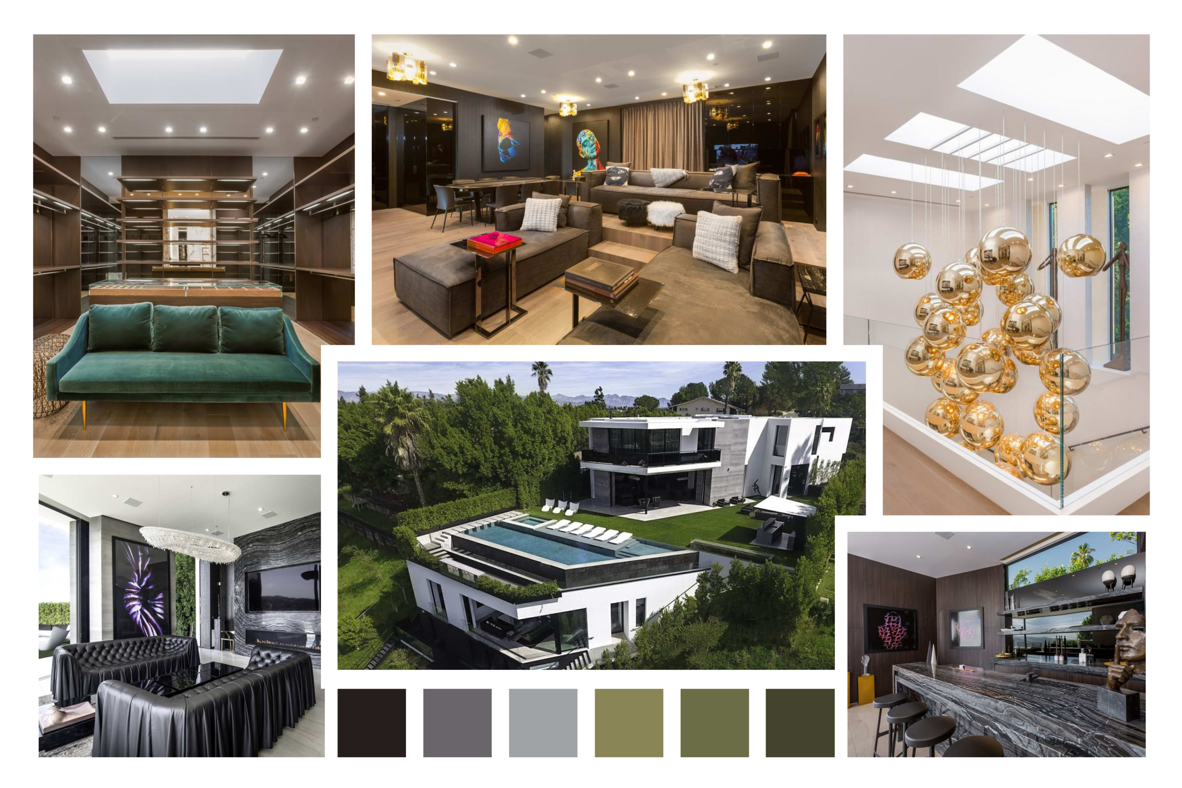 The image features a collage of modern interior and exterior design elements, including a luxurious living room, a sleek kitchen, a vibrant art piece, and an aerial view of a contemporary home with a pool and landscaped surroundings.