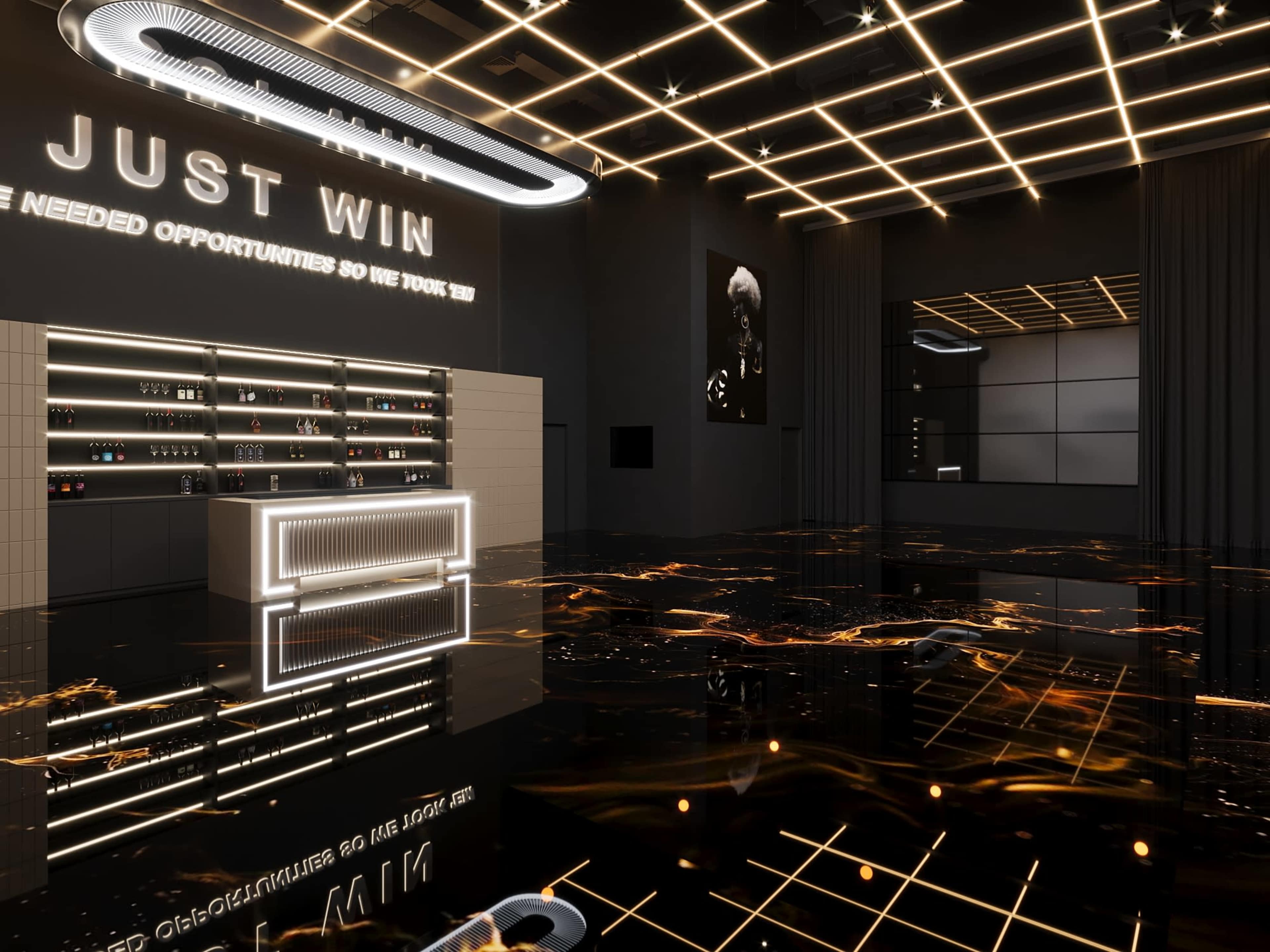 A modern, stylish interior features glowing neon lights, a reflective floor, and motivational text on the wall.