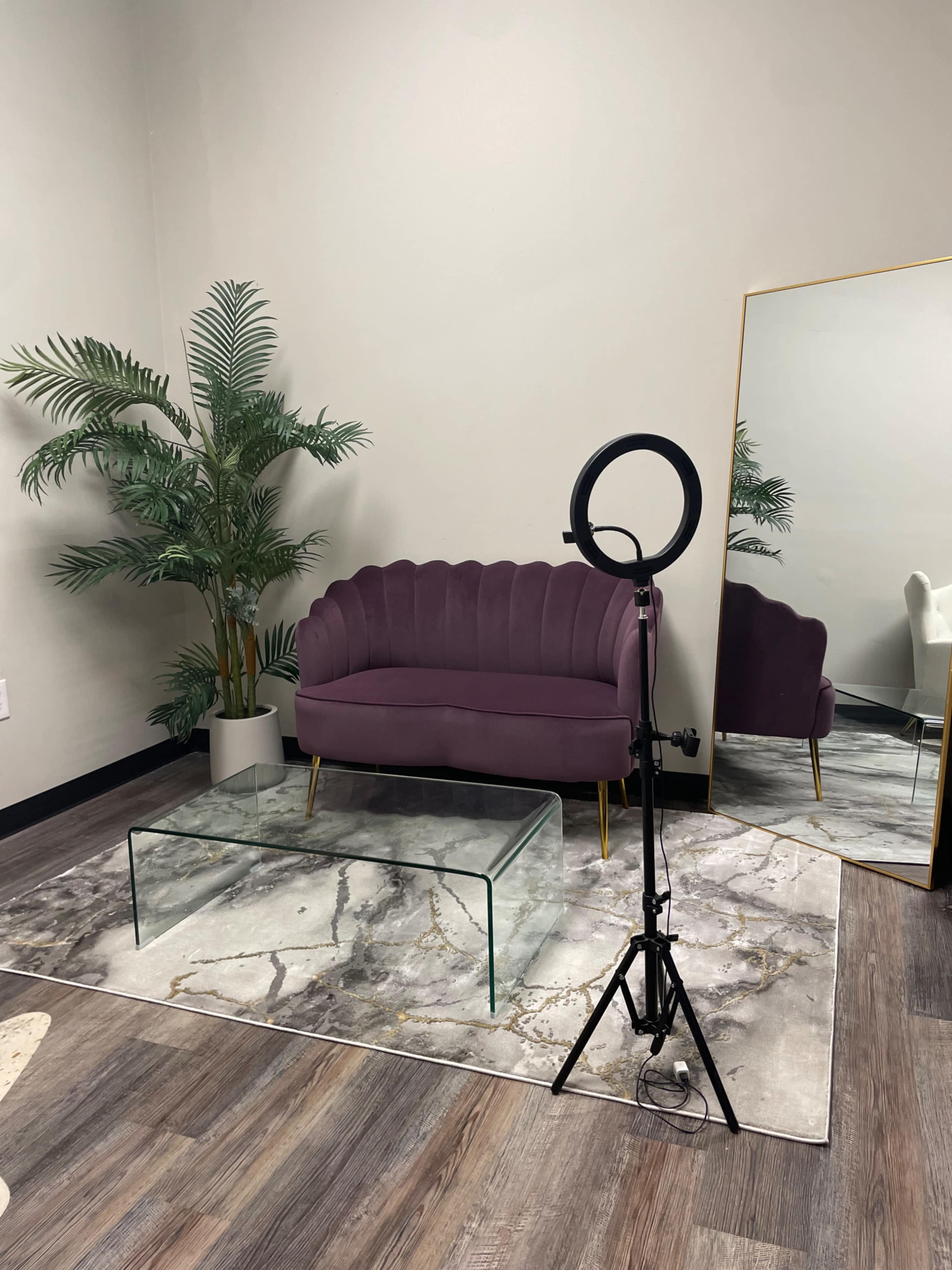 A modern interior design featuring a purple velvet sofa, a glass coffee table on a marble rug, a potted plant, and a ring light in front of a large mirror.