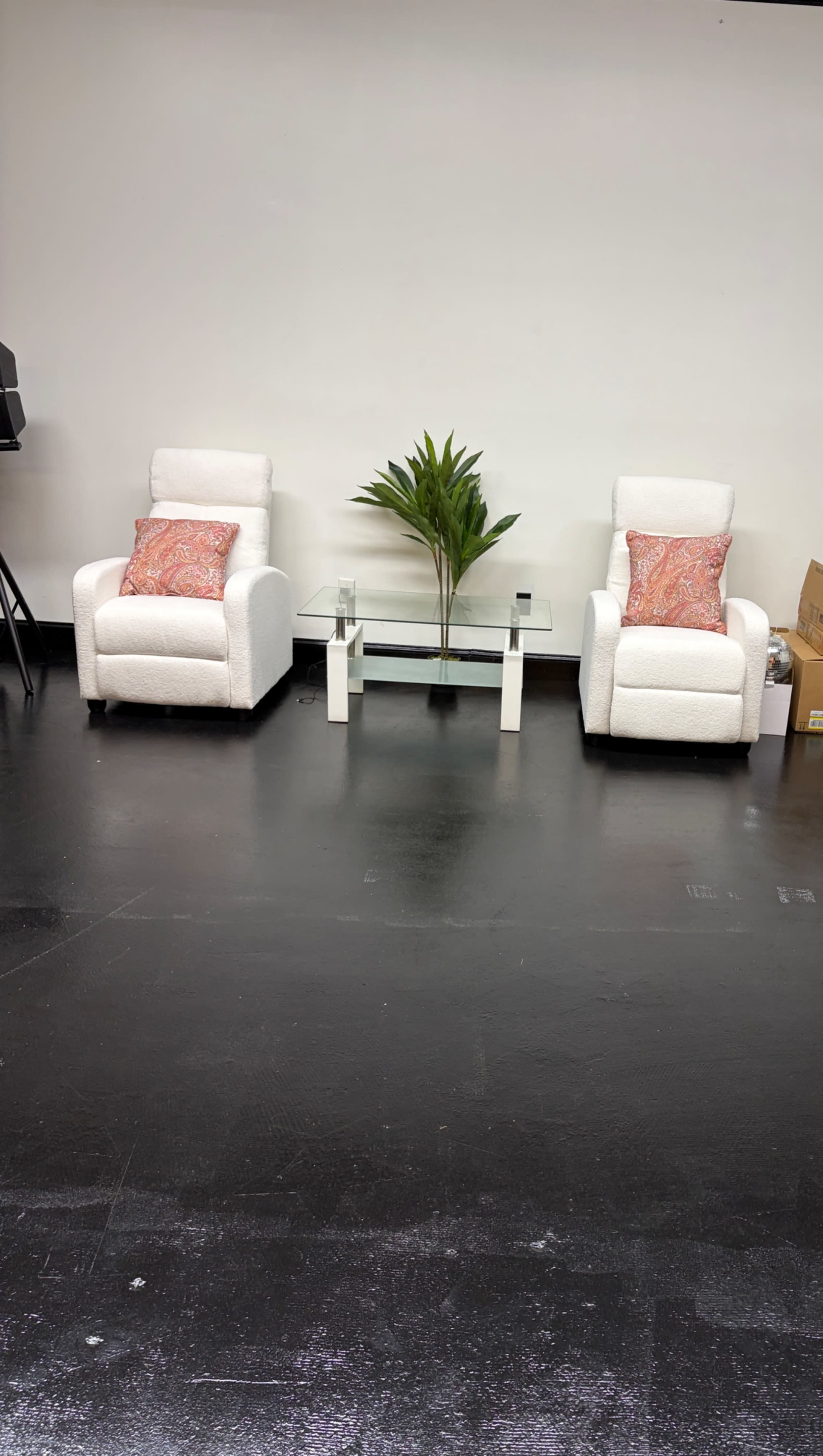 The image shows two white armchairs with decorative pillows facing a glass coffee table, accompanied by a small plant in a corner against a plain wall.