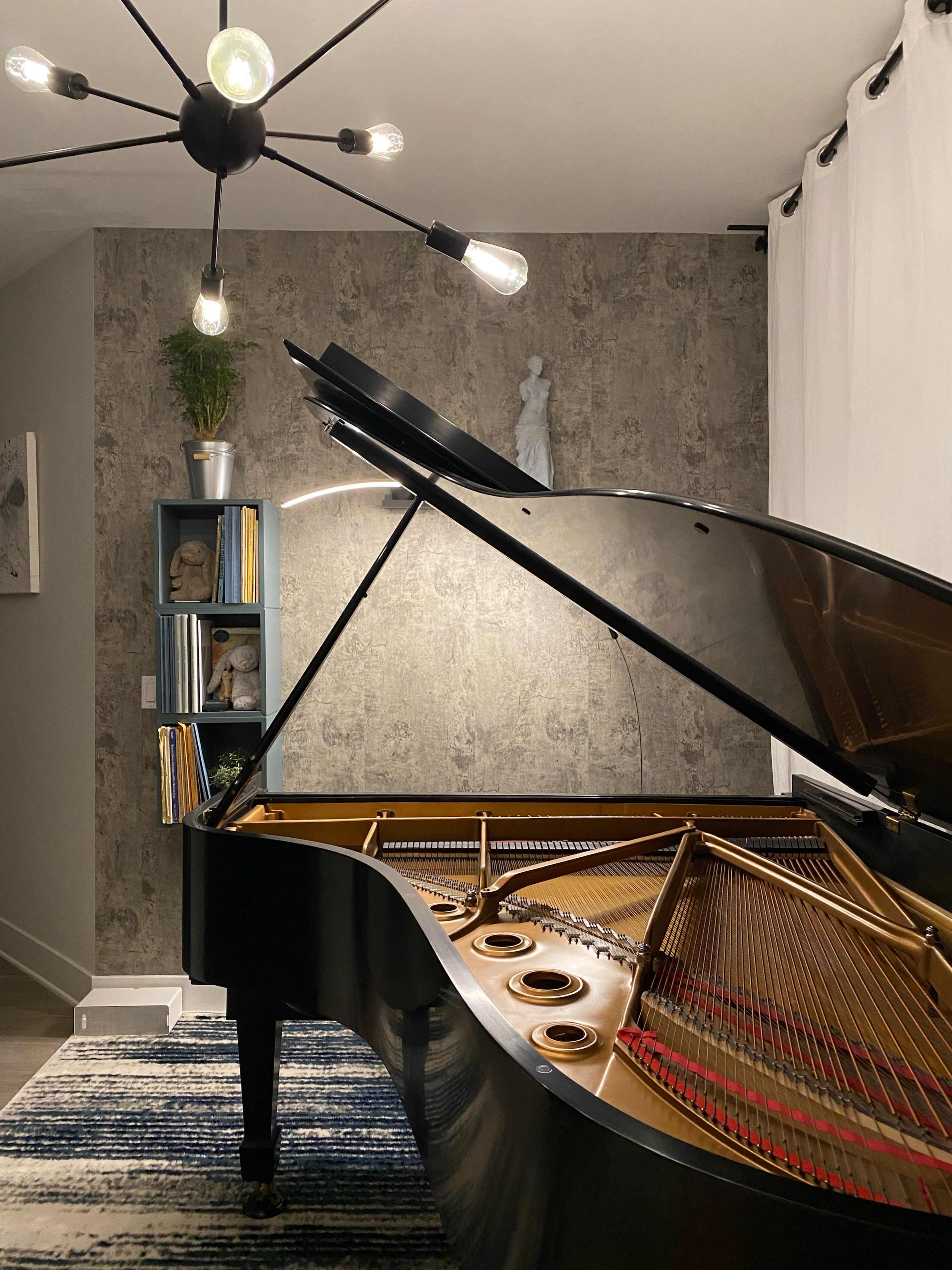 A grand piano is positioned in a well-lit corner of a room, adjacent to a bookshelf and decorative plant, with modern lighting overhead.