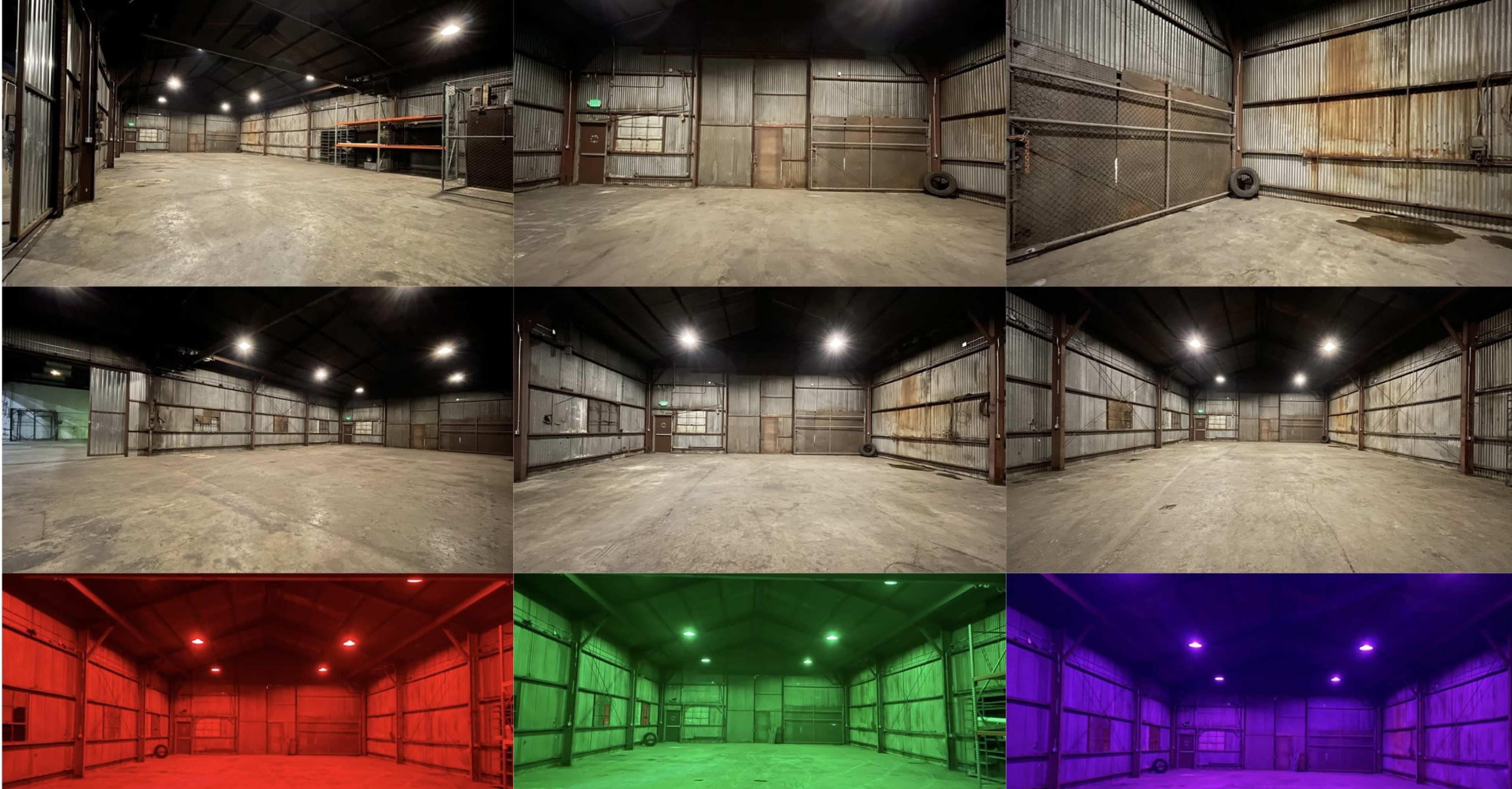 A large industrial warehouse with a concrete floor and metal walls, presented in four different lighting color schemes: natural, red, green, and purple.