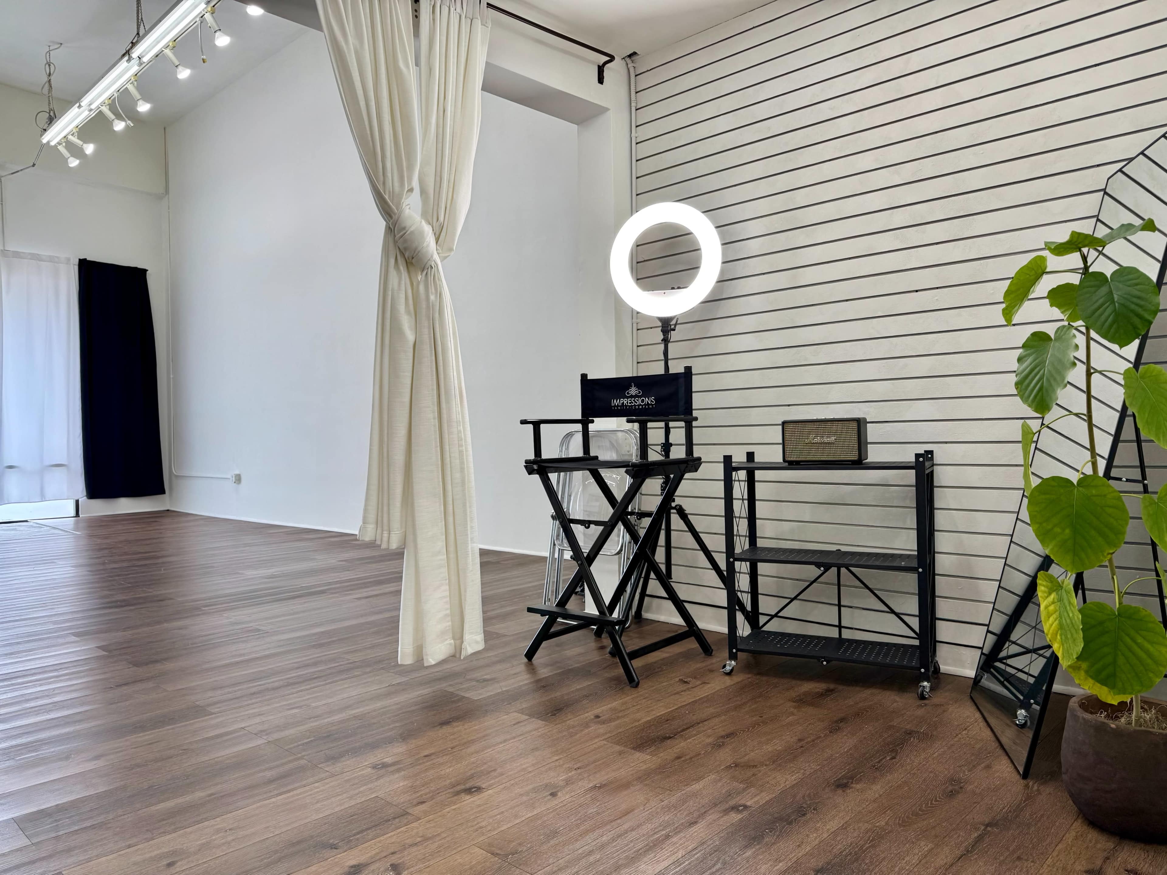 The image shows a spacious room with wooden floors, featuring a director's chair, a ring light, a mobile cart, and a large potted plant against a striped wall.