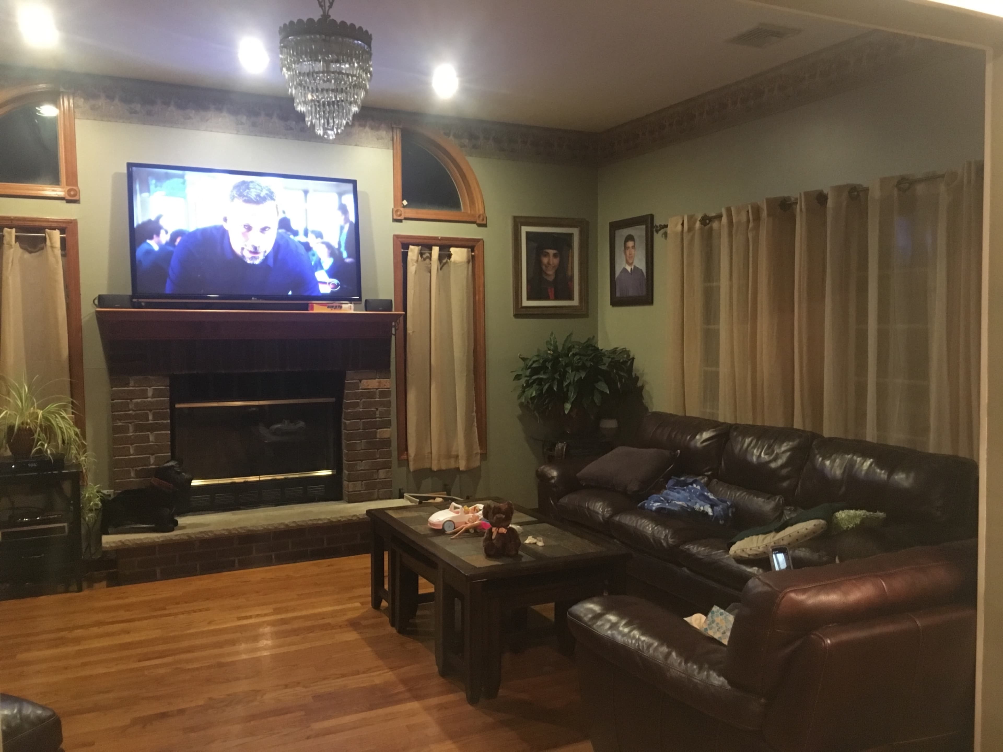 The living room features a television mounted above a brick fireplace, with a leather sectional sofa and a coffee table in front, surrounded by potted plants and framed pictures on the walls.