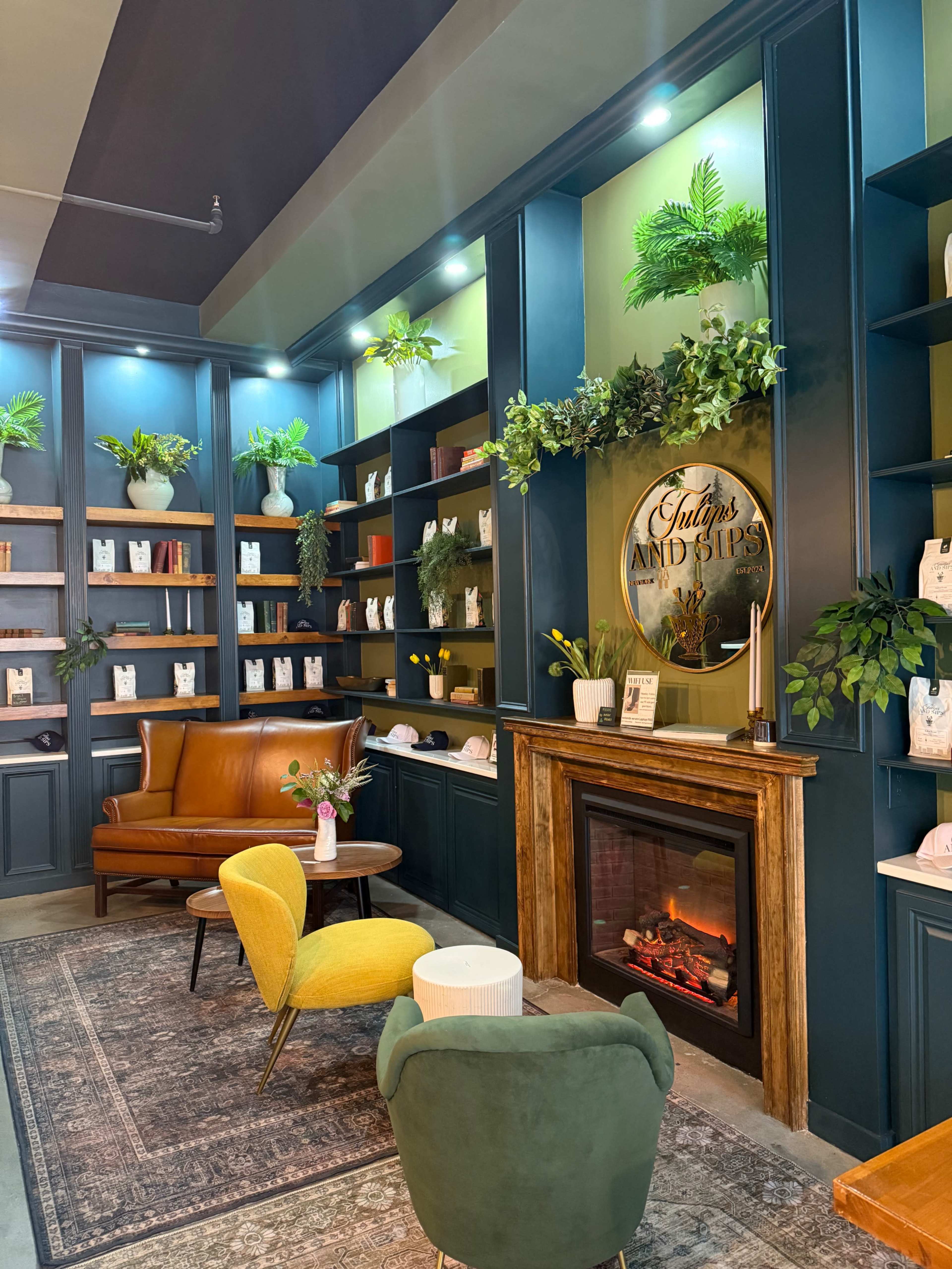Cozy space with fireplace and books all around. Image in Williamsburg, Brooklyn, NY