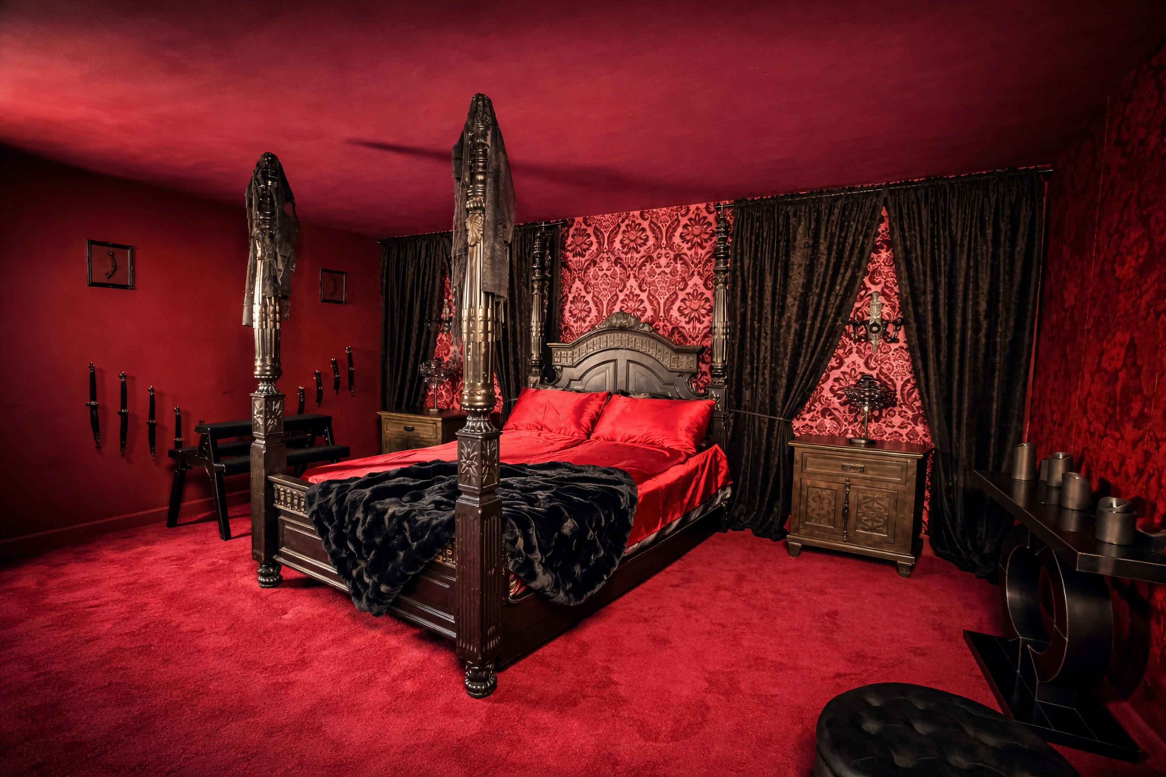 The image shows a bedroom decorated with red walls, dark curtains, and a large ornately carved wooden bed with red bedding.
