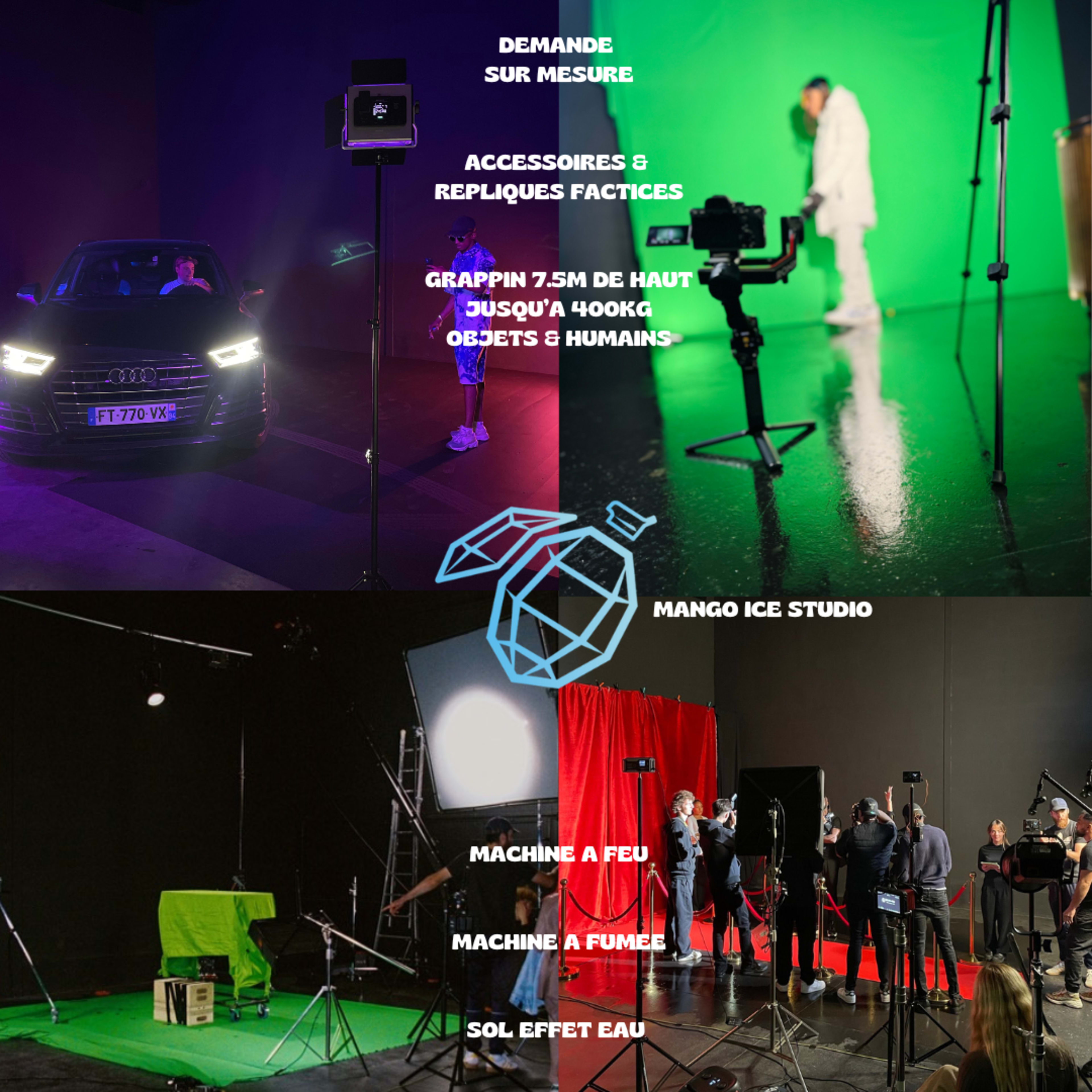 A studio setup with various lighting equipment and backdrops, including a car, and people engaged in a filming process.