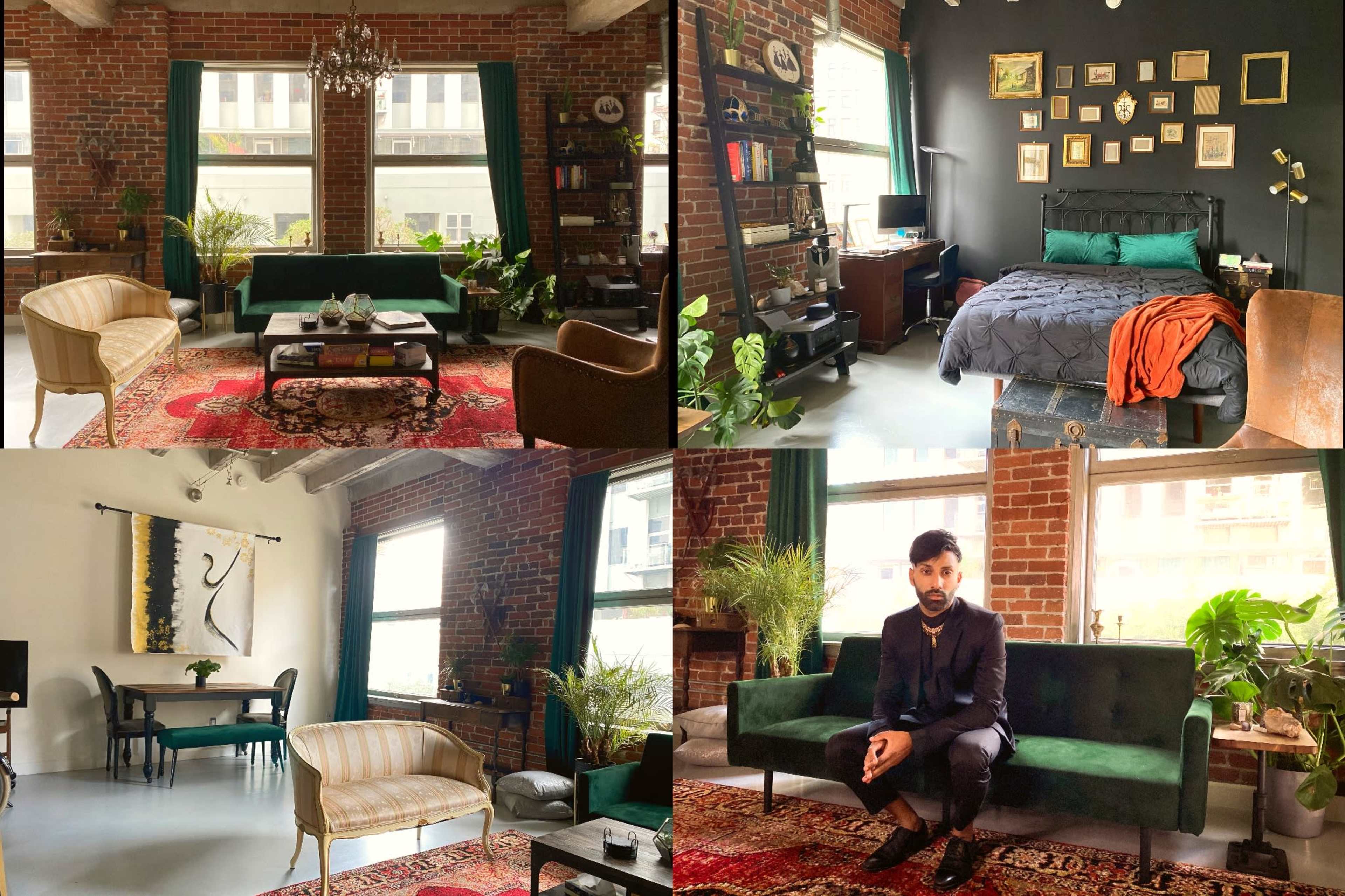 The image shows a modern loft featuring exposed brick walls, stylish furniture, plants, and a mix of living and sleeping areas.