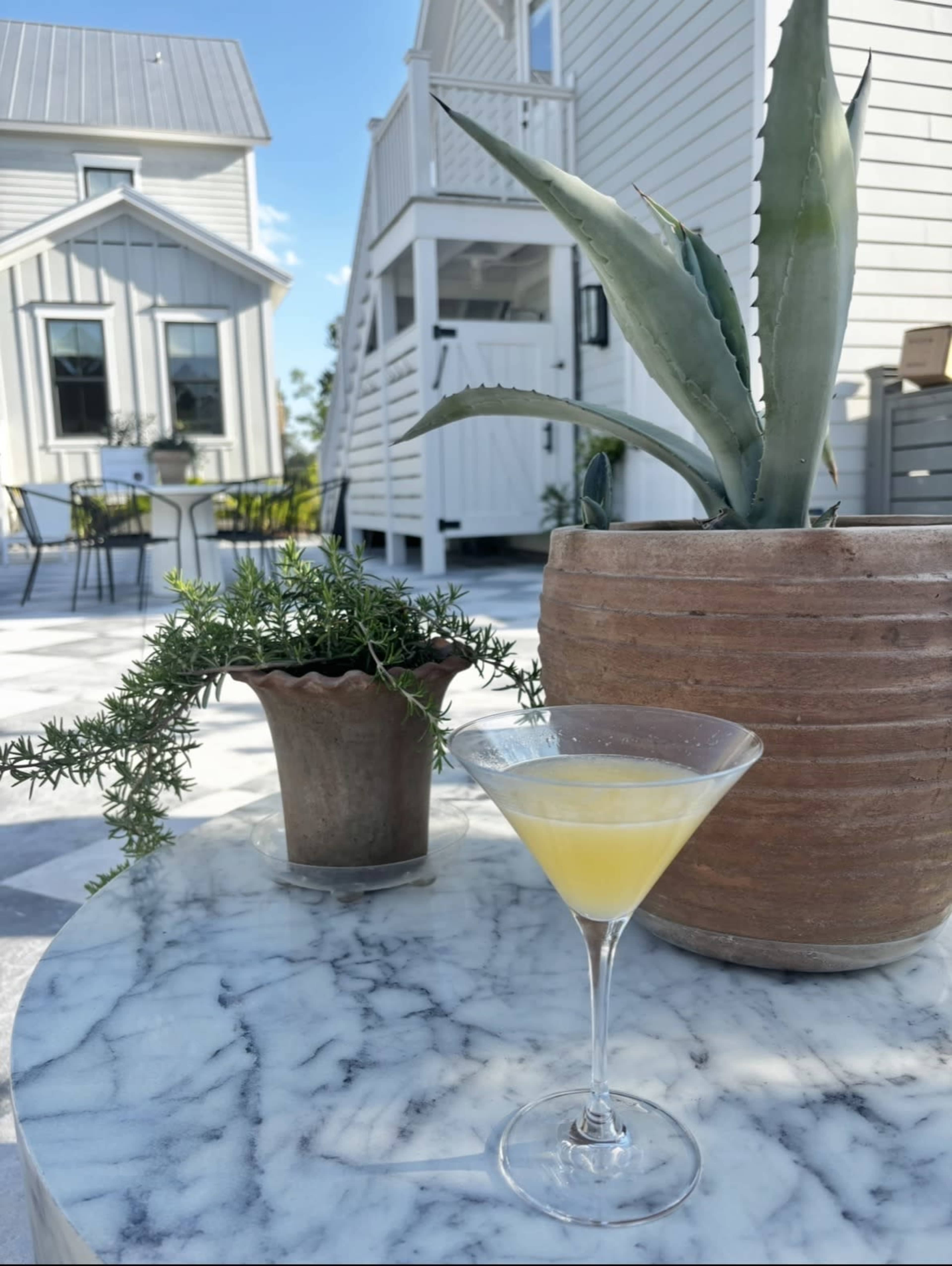 A cocktail sits on a marble table beside a potted plant with an aloe vera and a smaller plant in a metal container, set against a backdrop of modern white houses and a patio.