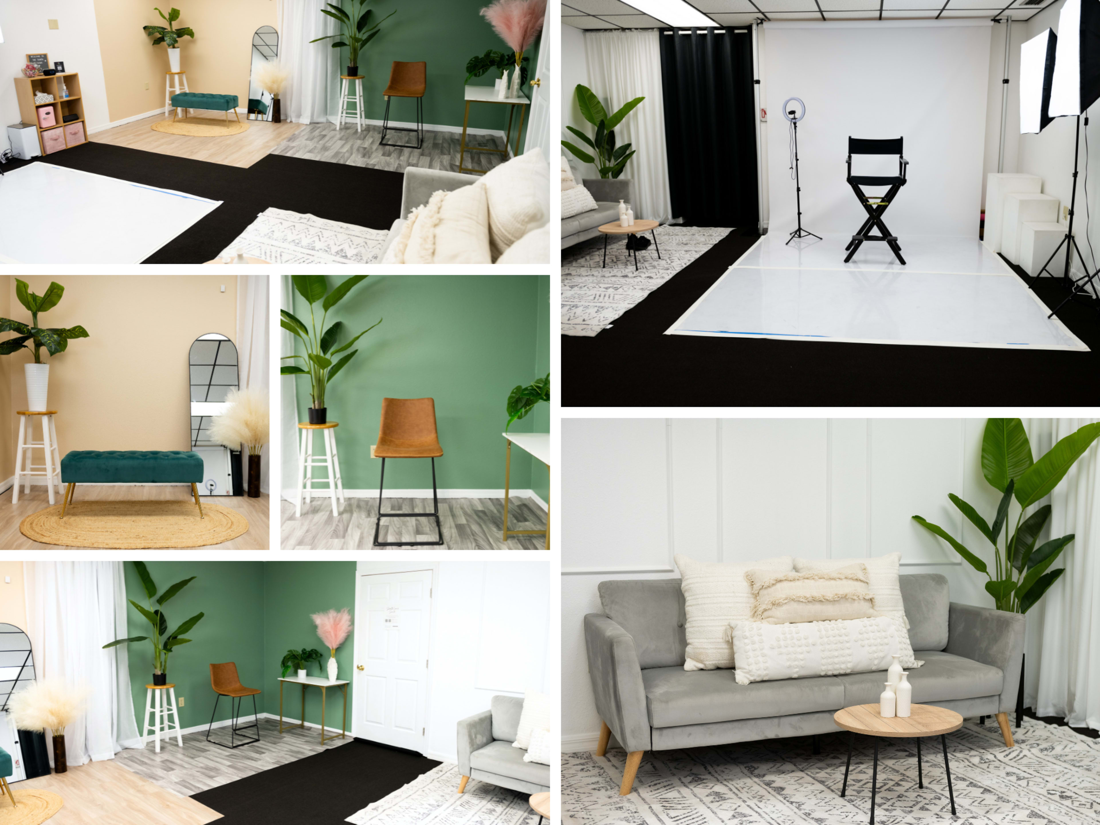 The image showcases a spacious studio setup with various styled areas, including a green wall, seating arrangements, decorative plants, and a backdrop for photography.
