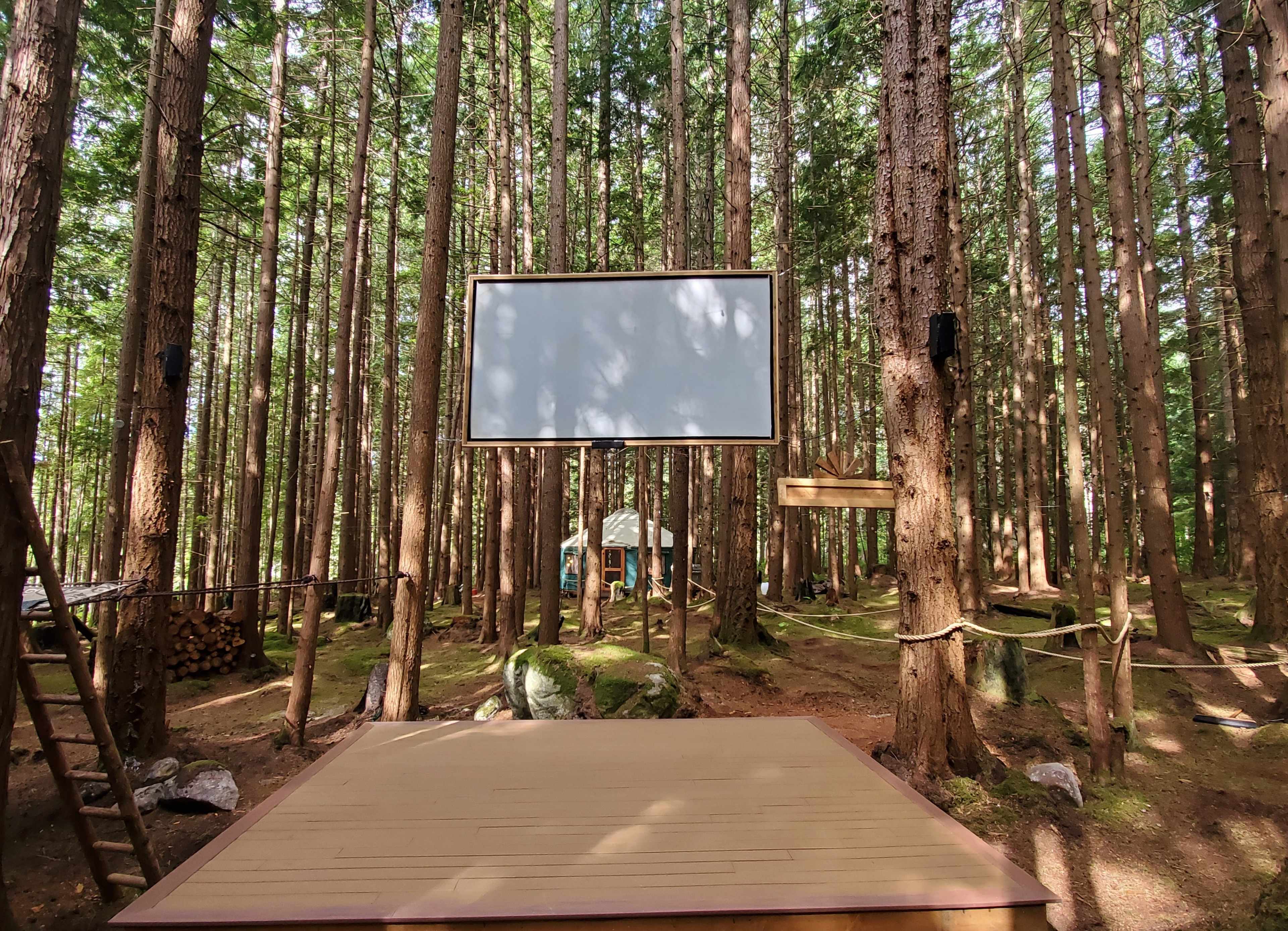 A wooden stage with a blank screen is set among tall trees in a forest clearing.