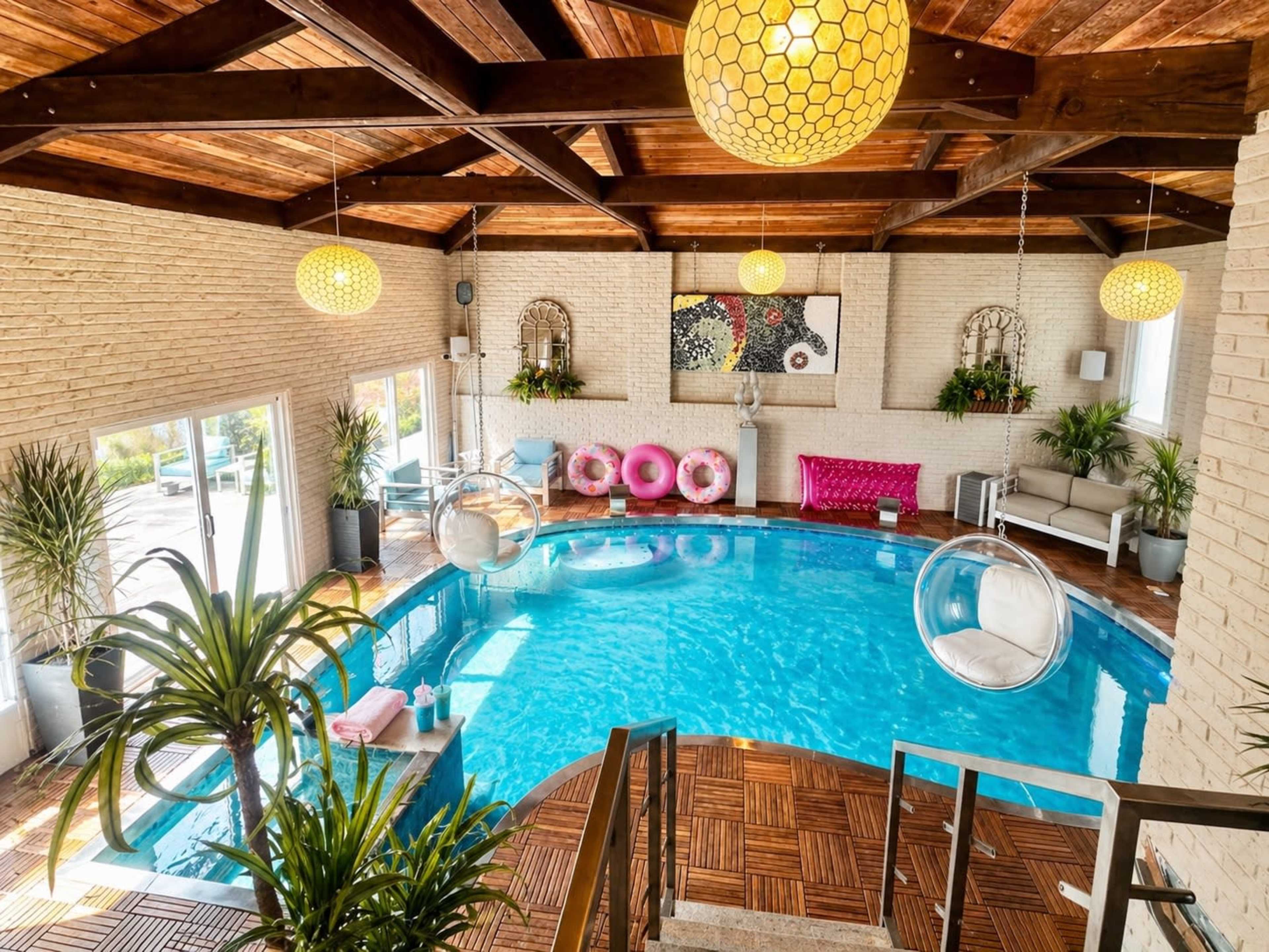 The image shows a bright indoor pool area with a circular swimming pool, surrounded by seating and decorations, featuring hanging light fixtures and potted plants.