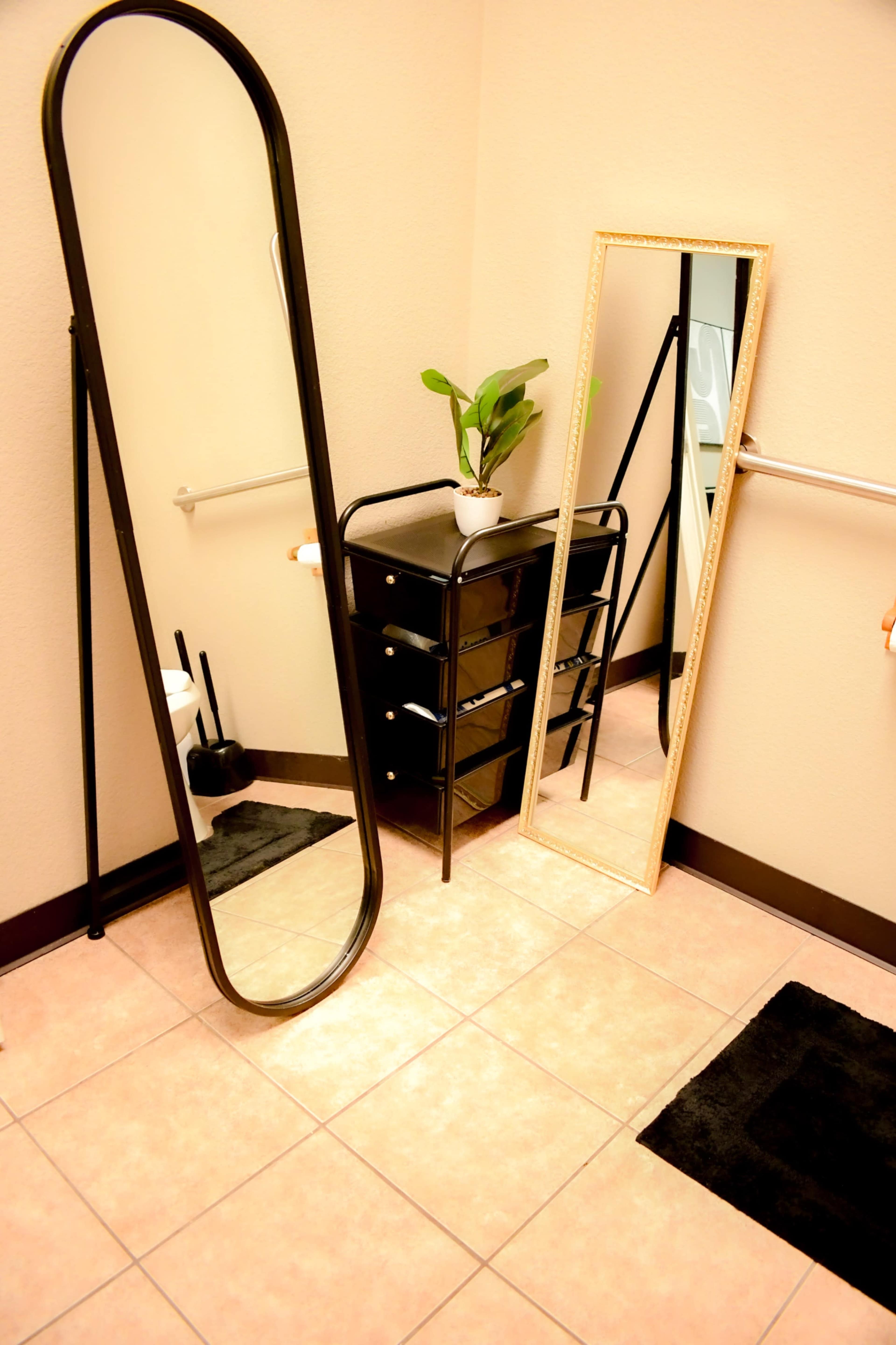 A bathroom area with two mirrors, a small black dresser, and a potted plant on a stand, all set on tiled flooring with black rugs.