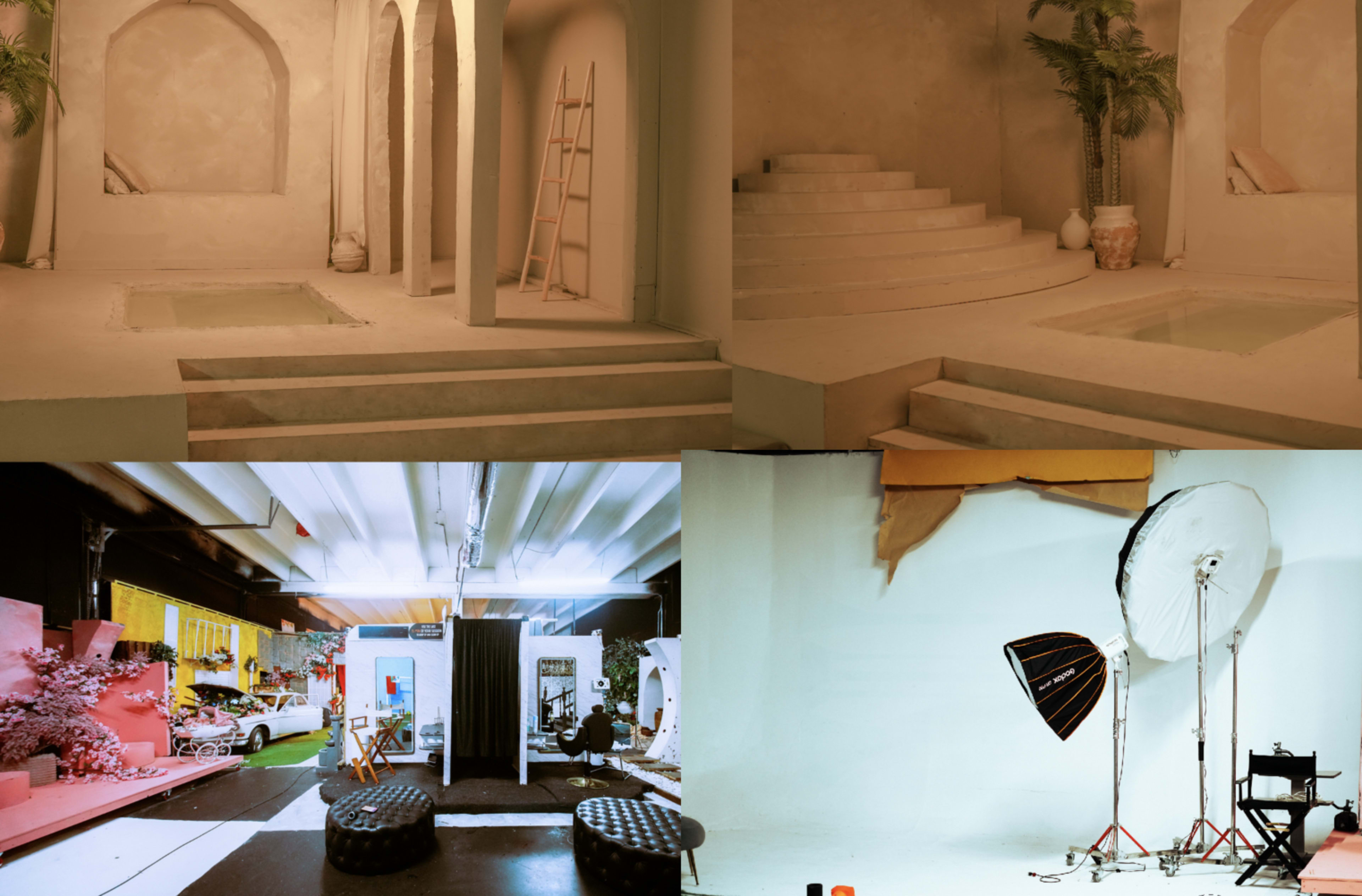 The image shows four distinct studio setups featuring minimalist design elements, including staircases, pools, and various backdrops for photography.