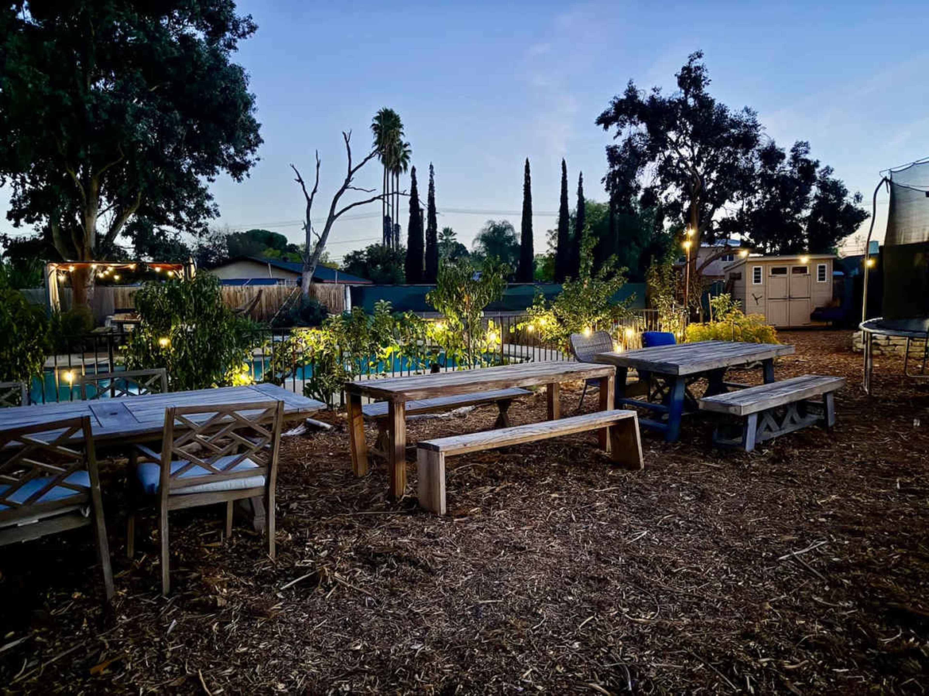 The image shows an outdoor setting with wooden tables surrounded by greenery, a pool in the background, and tall trees under a twilight sky.