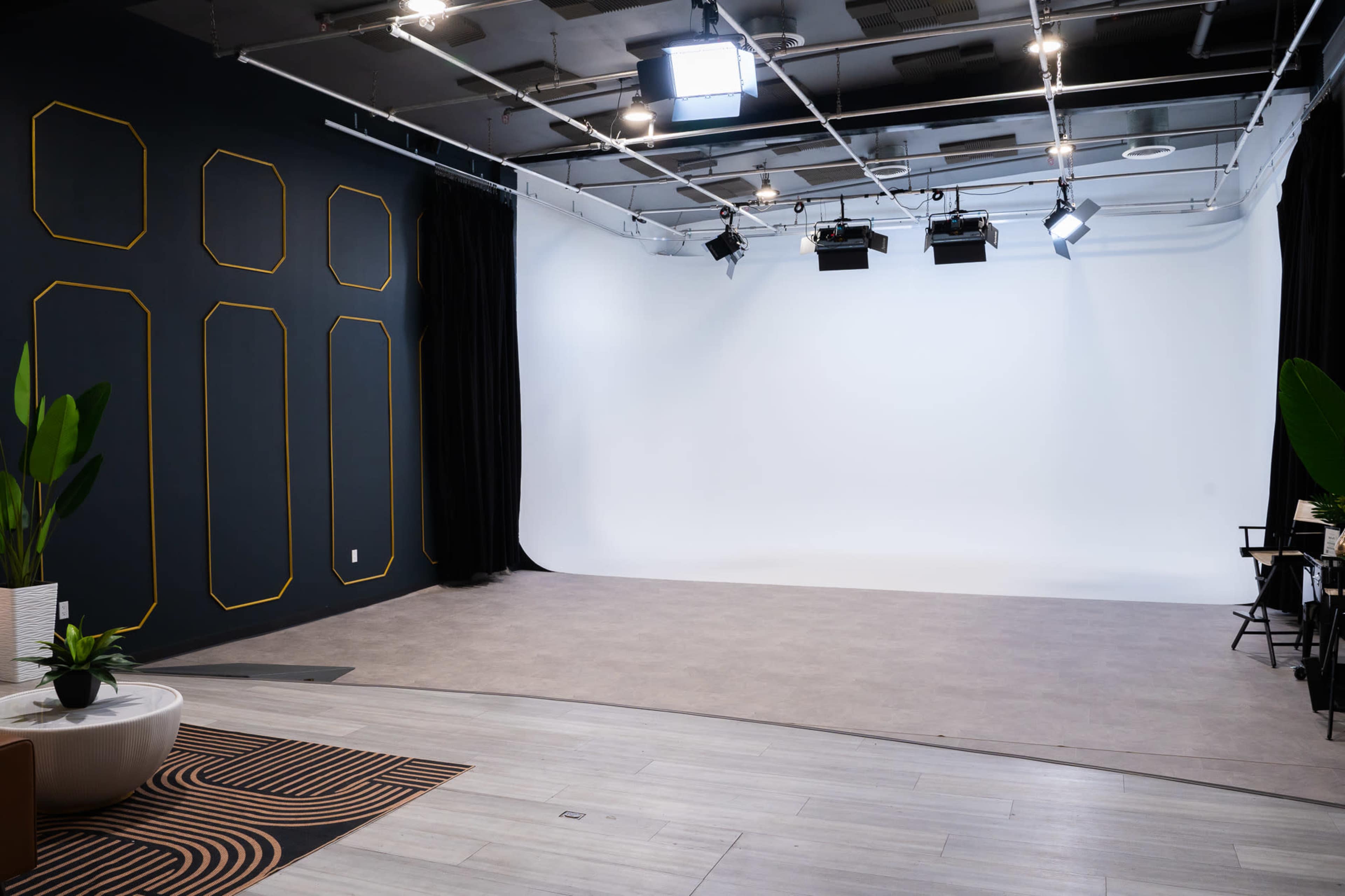 The image shows a photography studio with a plain white backdrop, equipped with various lighting fixtures and a modern design aesthetic, including a dark wall with gold accents and a potted plant in the foreground.