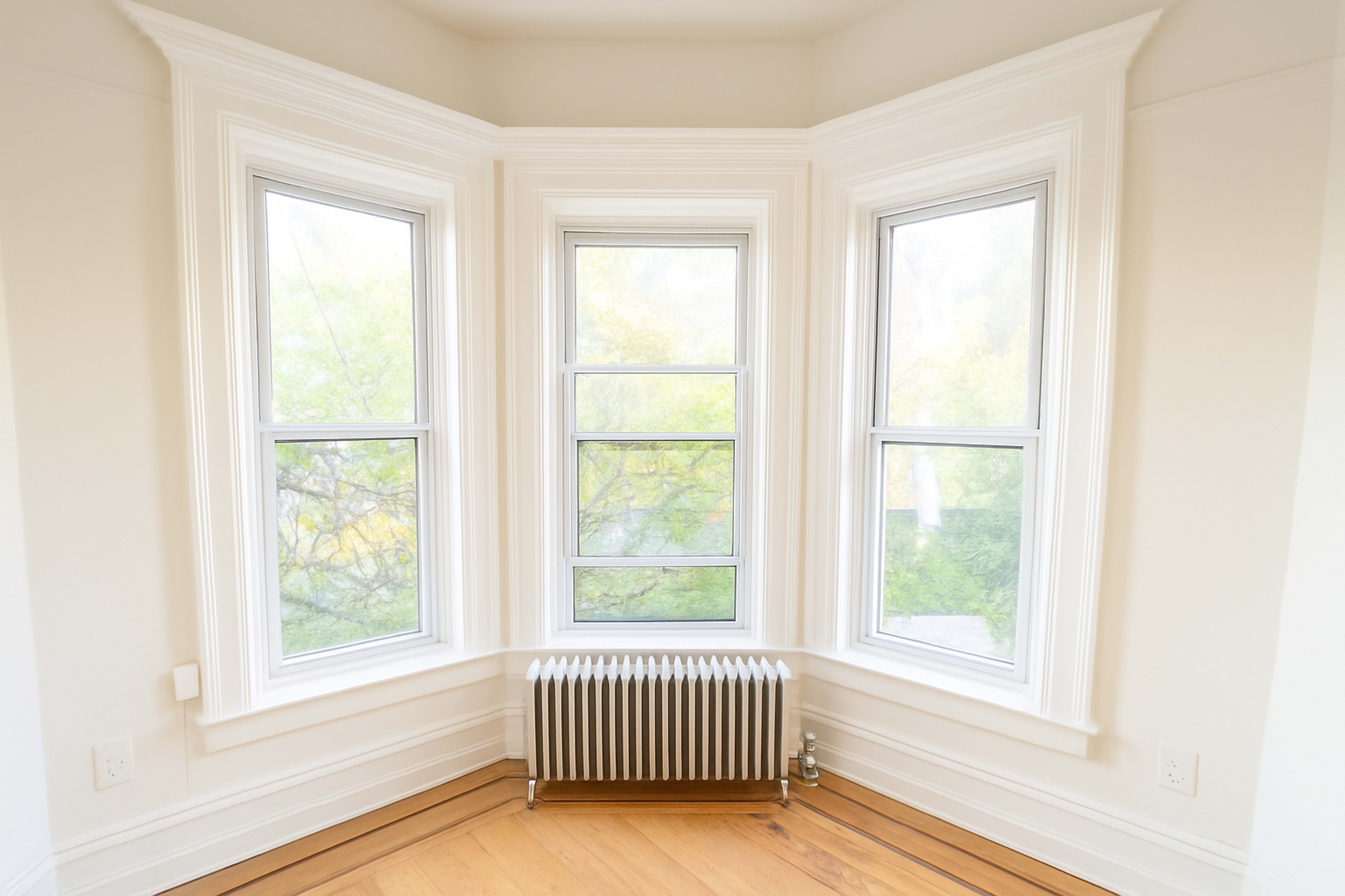 A bay window with three large panes is situated in a corner, above a radiator, offering a view of exterior greenery.