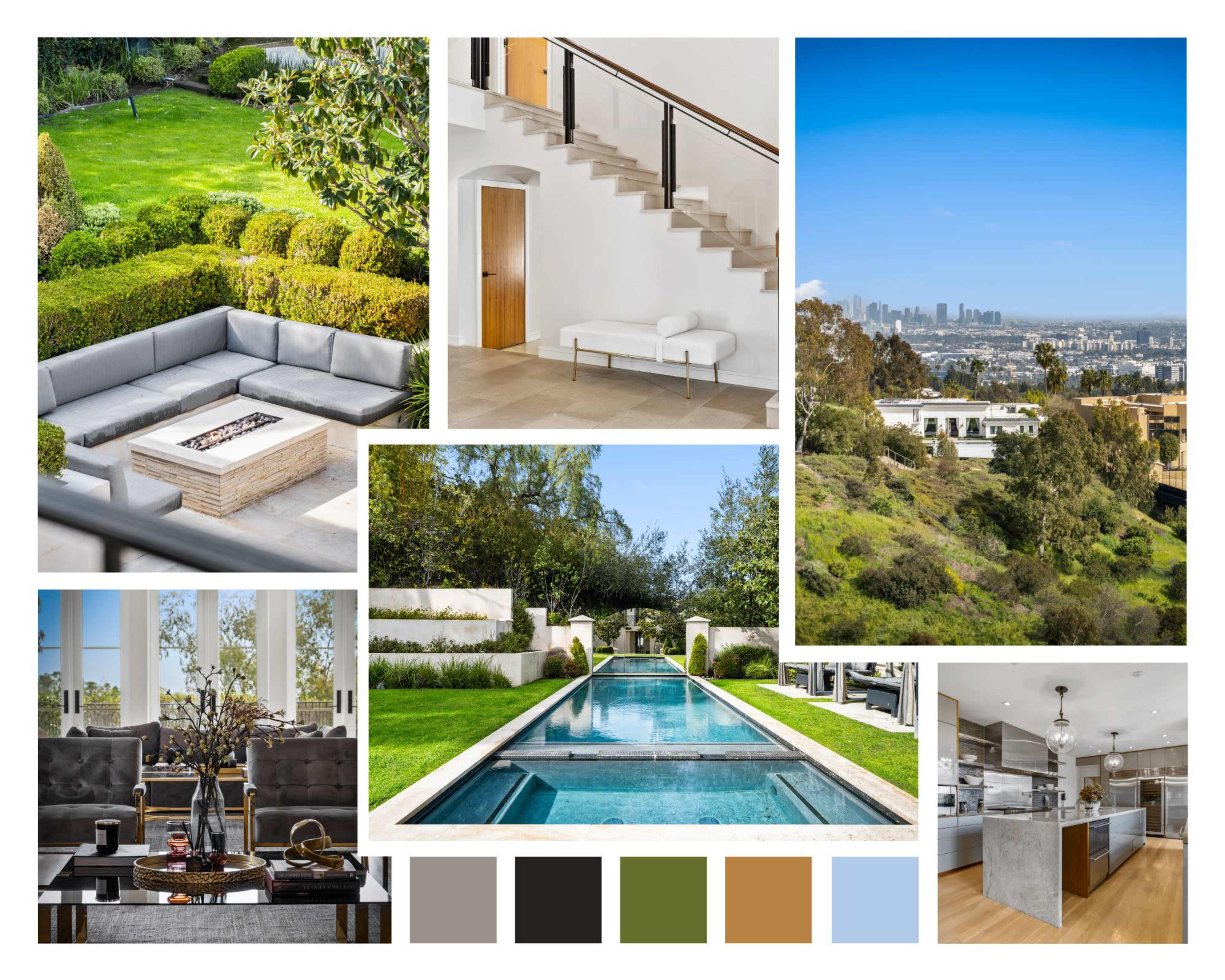A collage of modern home elements, including a landscaped garden, a swimming pool, sleek indoor furnishings, and a scenic view of a cityscape.