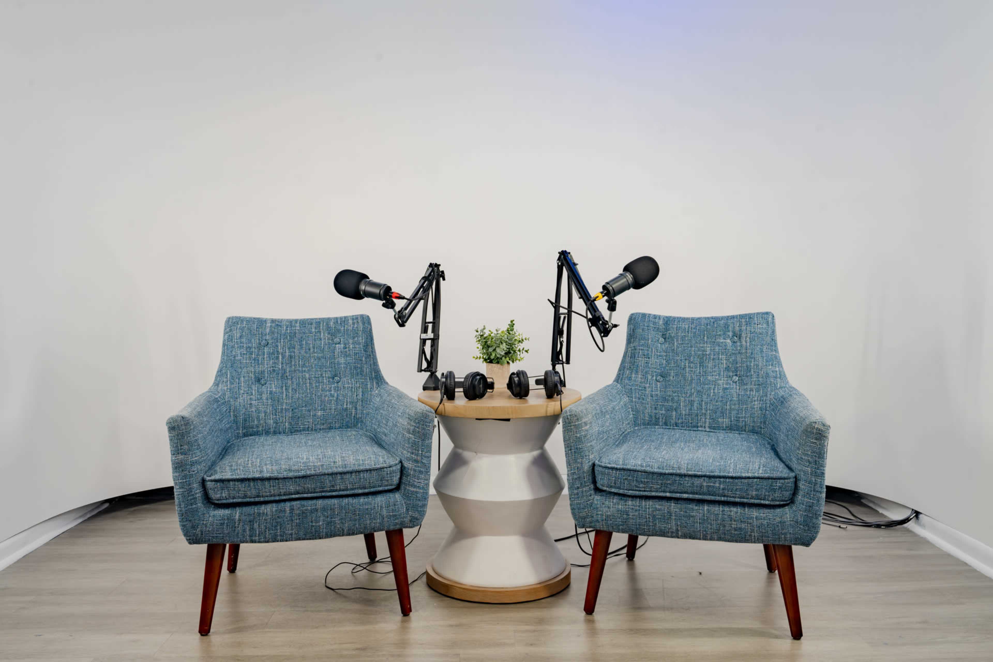 Two blue upholstered chairs are positioned facing each other with a round table adorned with a small plant and two microphones on stands between them.