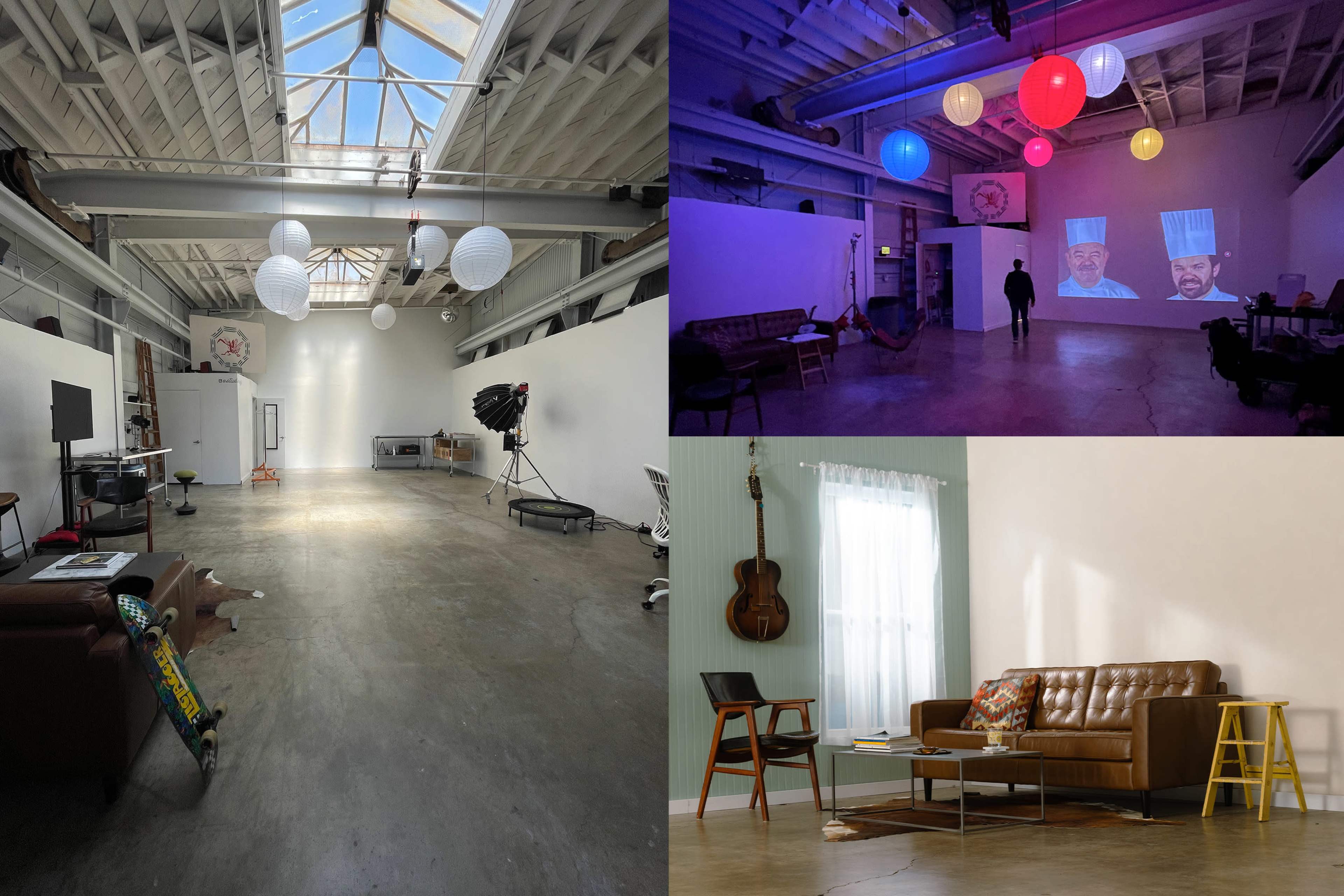 A spacious, modern studio with various lighting fixtures and distinct areas for creative activities, including a projection screen and comfortable seating.
