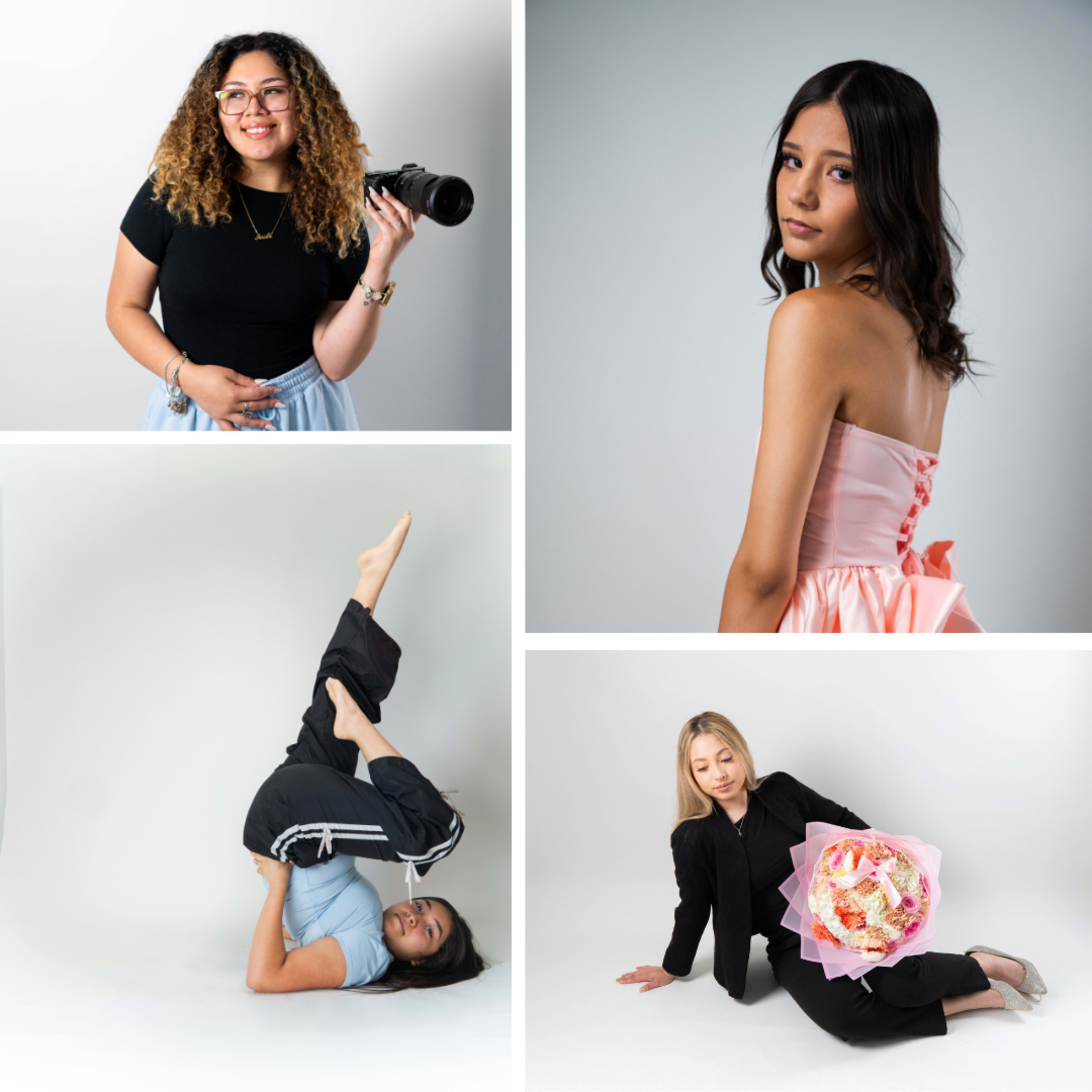 The image features four individuals in a collage: one holding a camera, another posing elegantly in a pink dress, a third performing a yoga pose with their legs inverted, and the last seated with a bouquet of flowers.