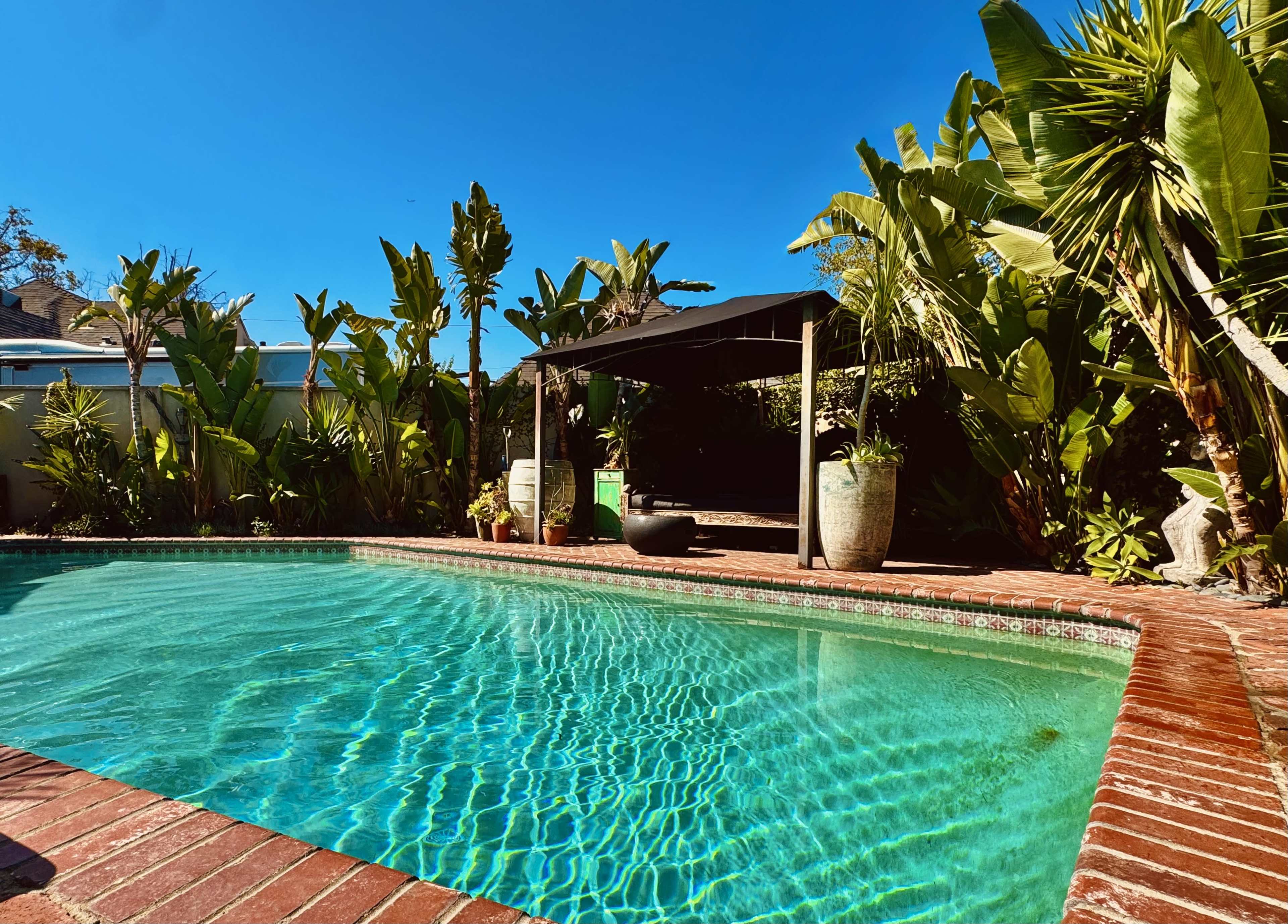 The image shows a swimming pool surrounded by lush greenery and a covered seating area in a sunny outdoor setting.