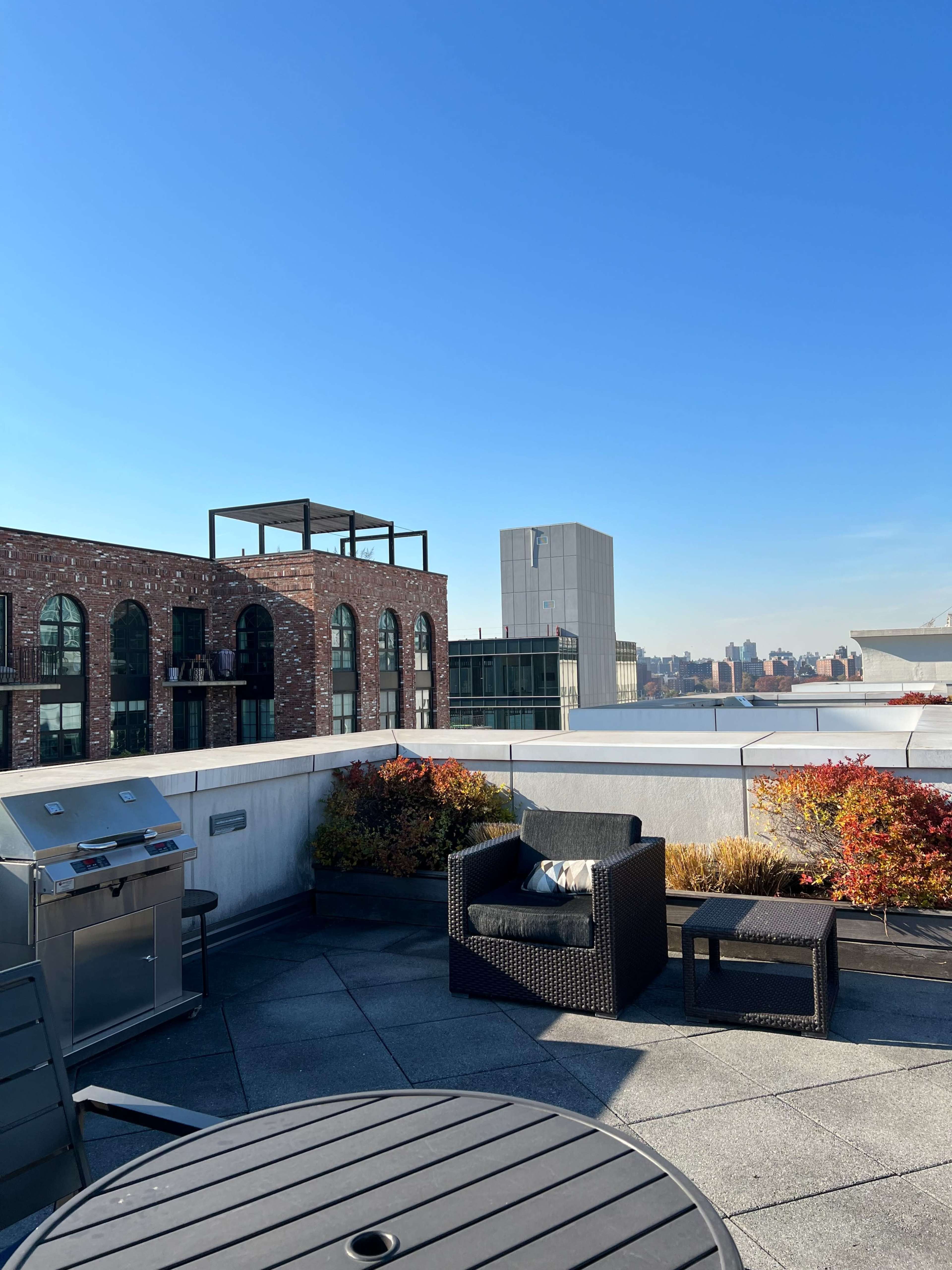 A rooftop patio features a grill, lounge seating, and views of urban buildings under a clear blue sky.