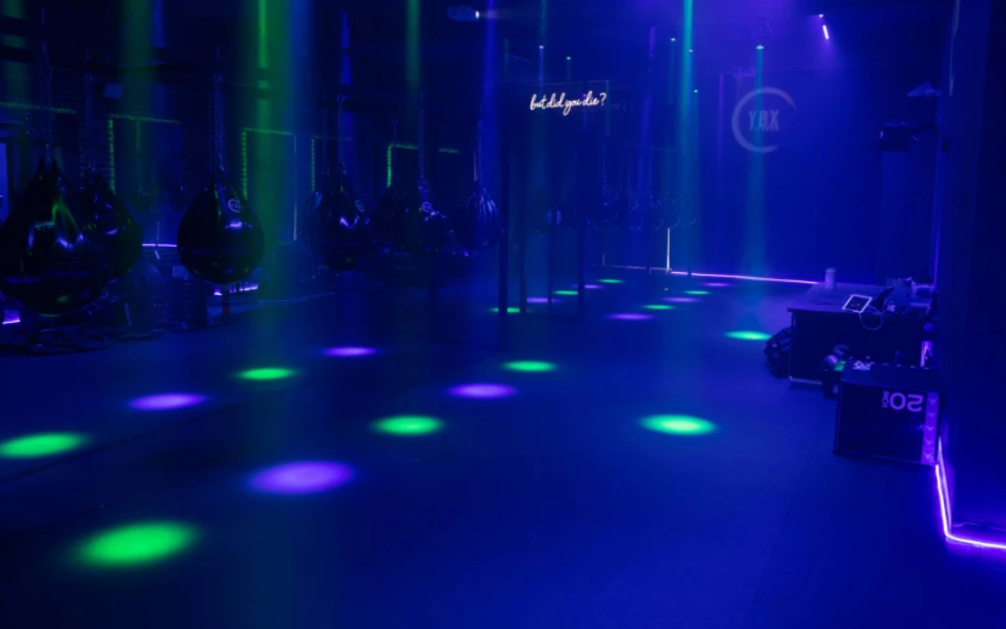 A dimly lit gym features hanging punching bags illuminated by glowing green and purple lights.