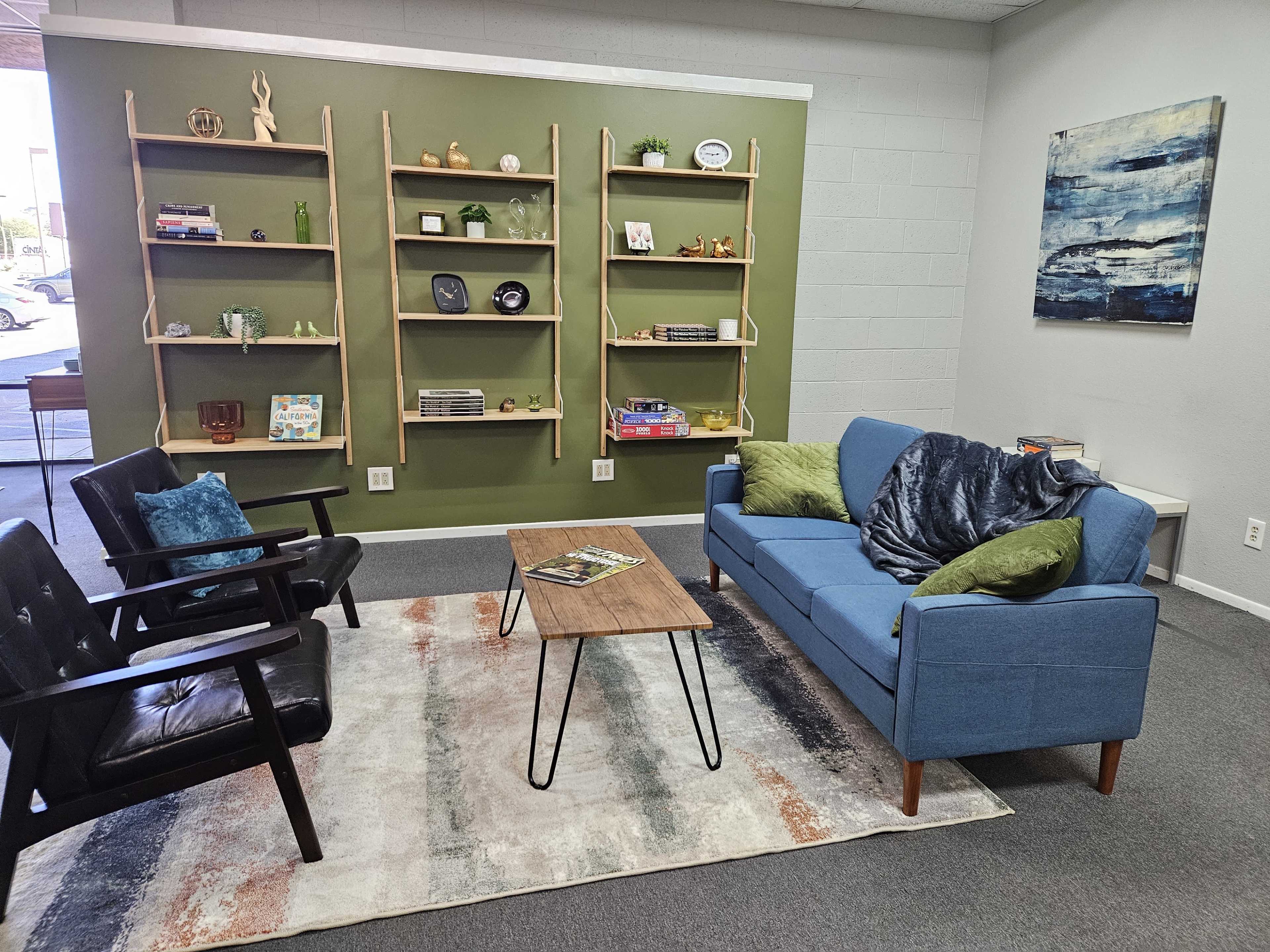 A cozy lounge area with a blue sofa, two black chairs, a wooden coffee table, and shelves decorated with various items against a green wall.
