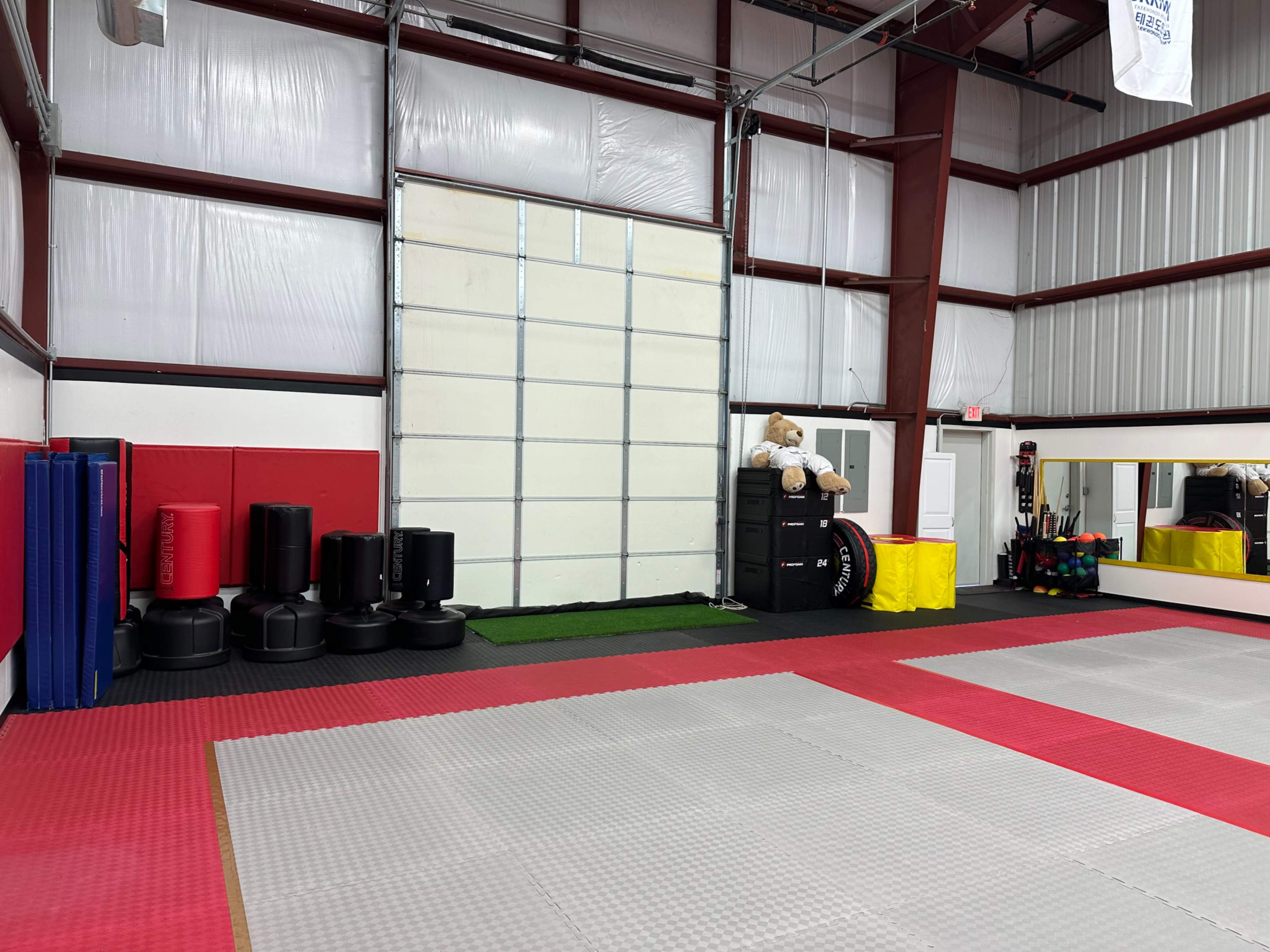 A gymnasium features a padded training area with equipment, including punching bags and mats, along with a large wall and mirrors.