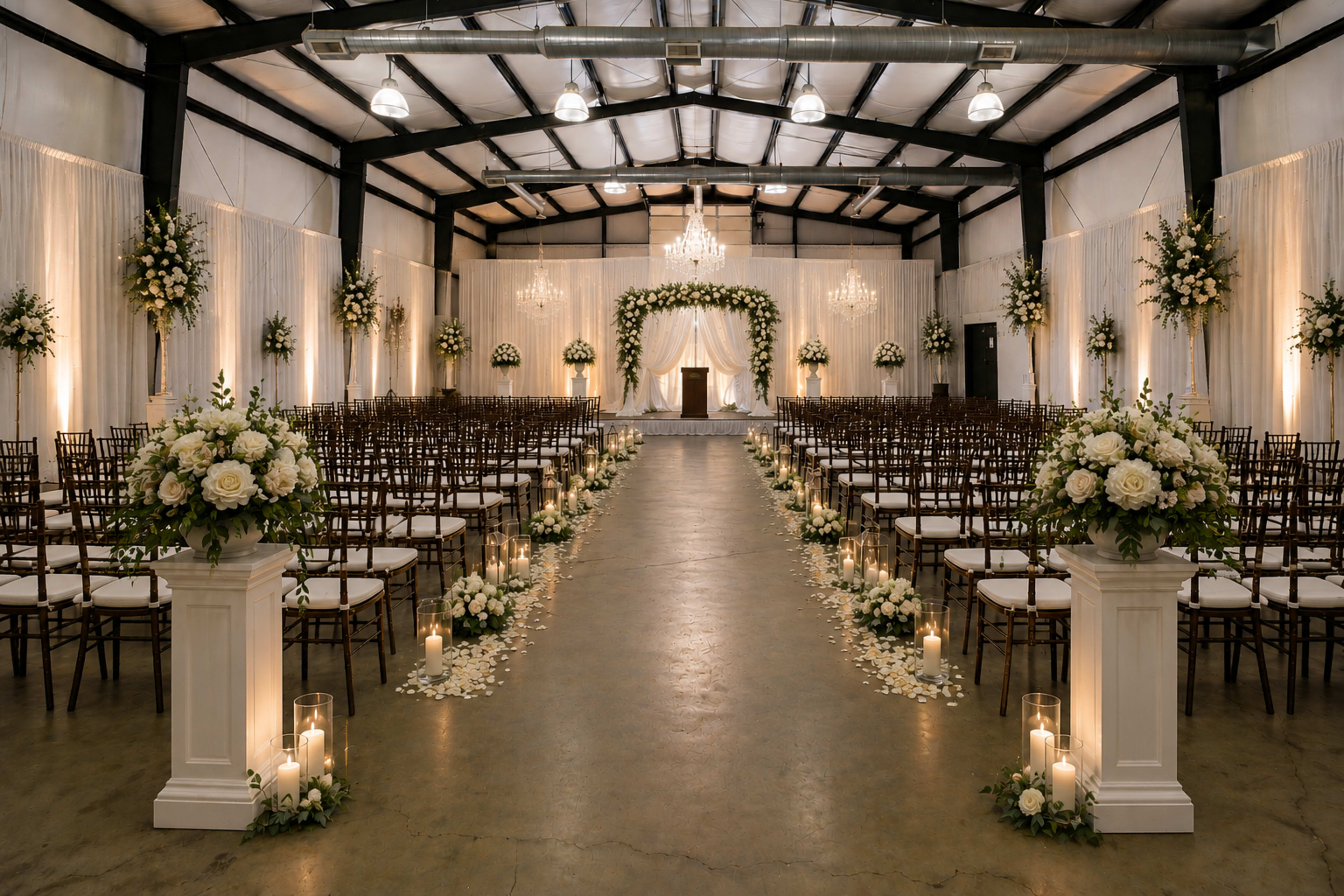 The image shows an elegantly decorated indoor wedding venue featuring rows of wooden chairs, floral arrangements, and a central altar surrounded by draped fabric and chandeliers.