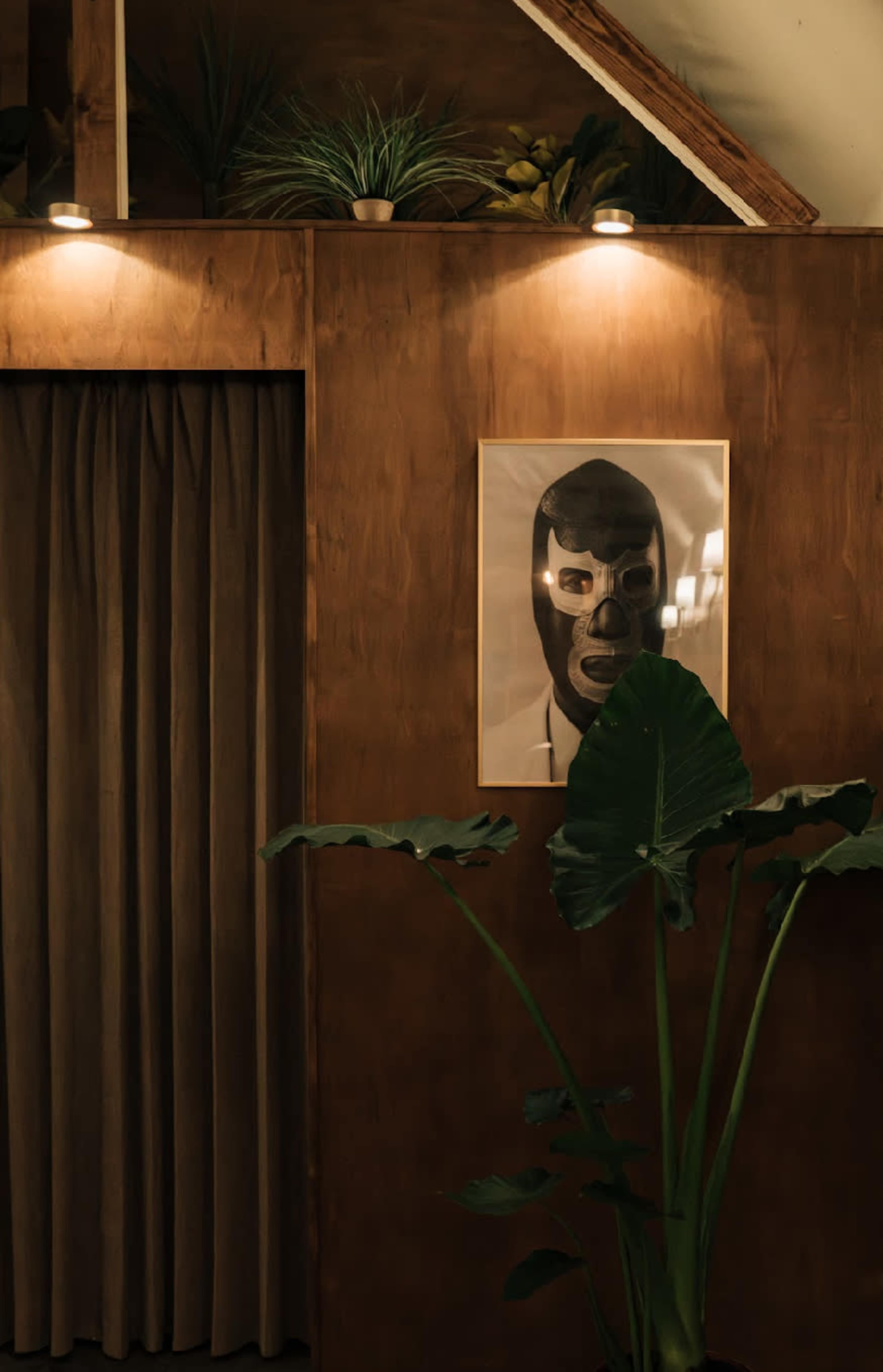 The image features a wooden wall with a framed portrait of a person wearing a mask, adjacent to a large green plant and a curtain.