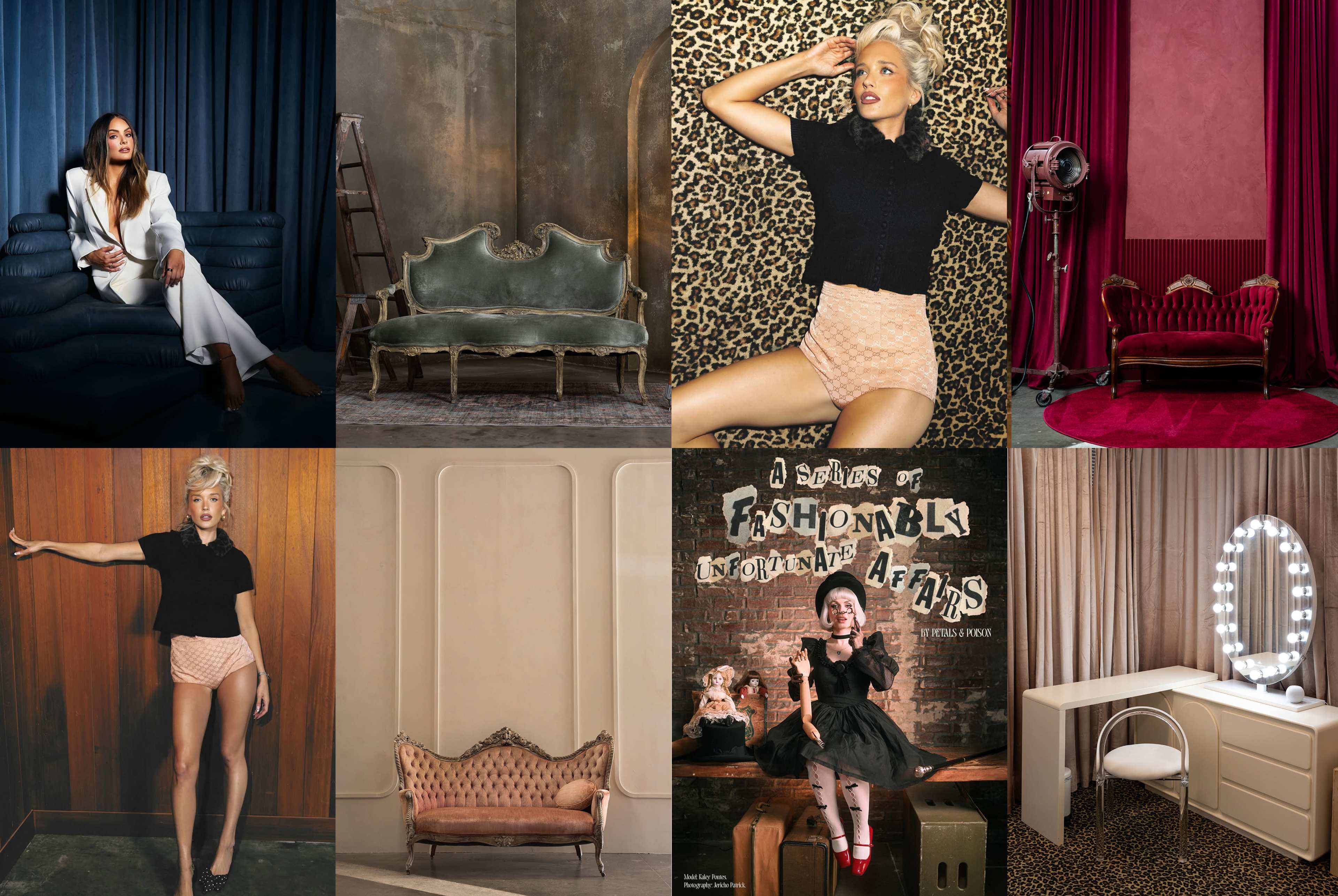 The image features a collage of various rooms showcasing diverse interior designs, including vintage sofas, glamorous décor, and stylish seating arrangements, along with models posing in fashionable outfits.