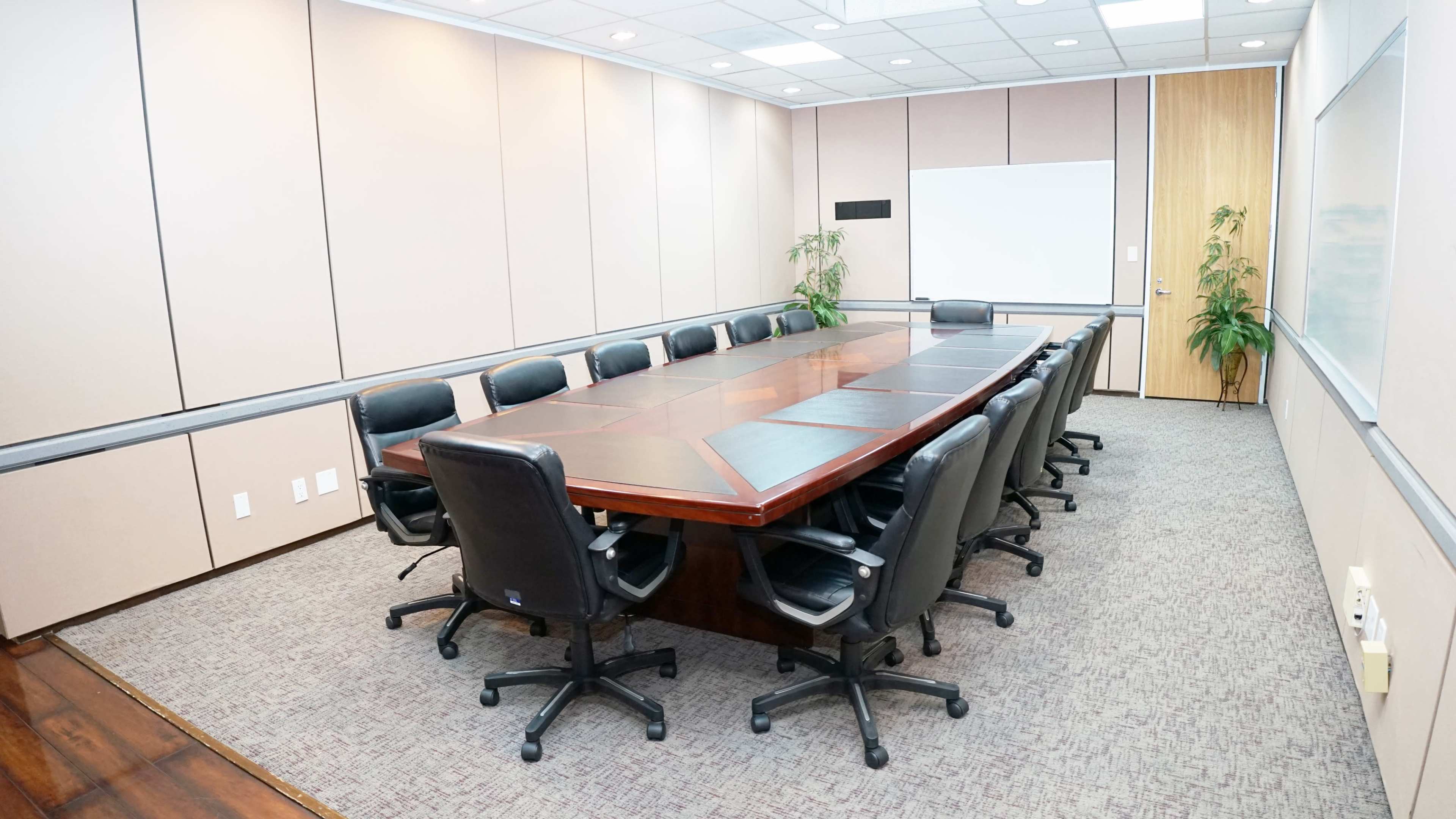 A large conference room features a rectangular wooden table surrounded by black office chairs and has two potted plants in the corners.
