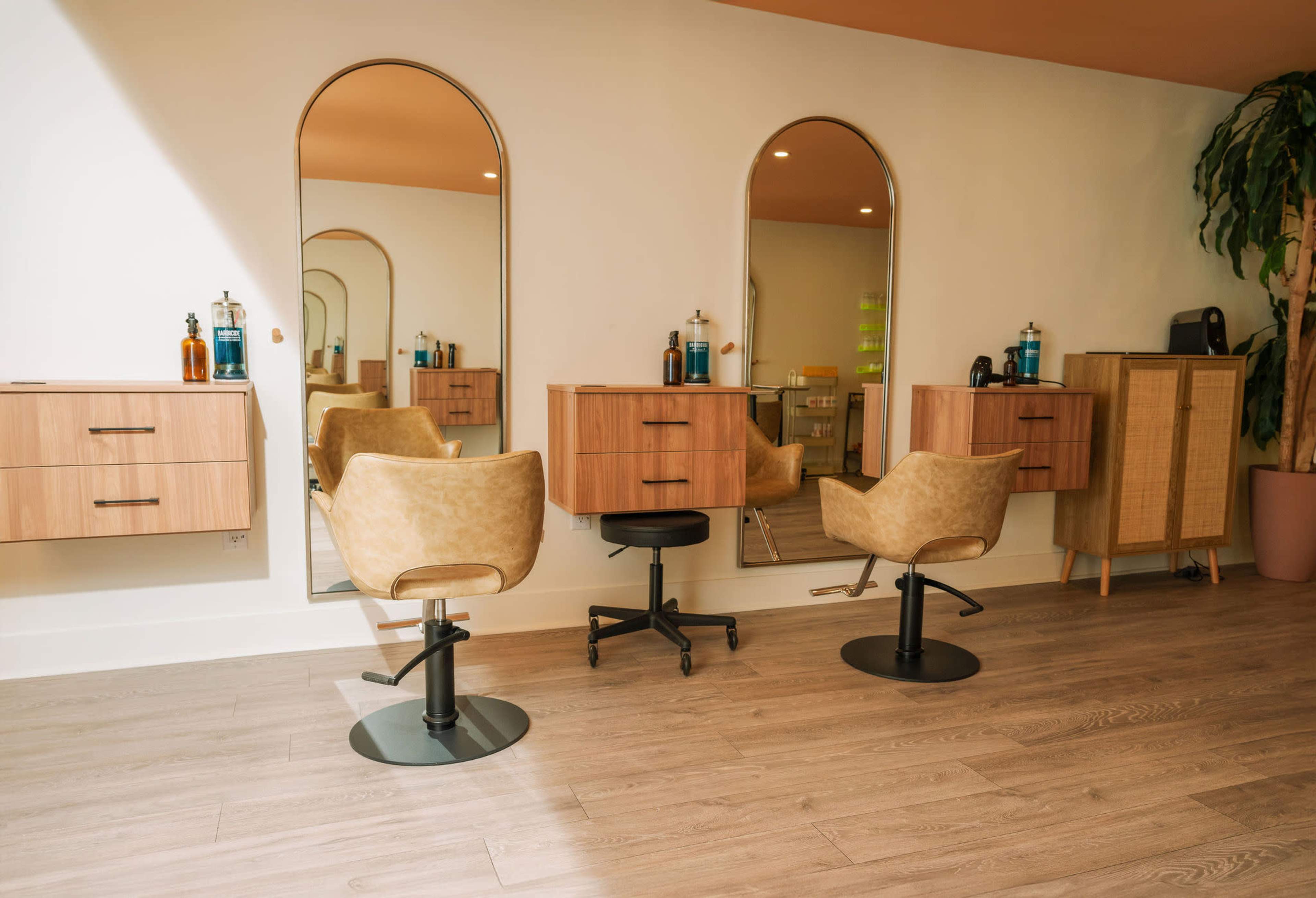 The image shows a modern hair salon interior with two styling chairs and wall-mounted mirrors, complemented by storage cabinets and a plant in the corner.