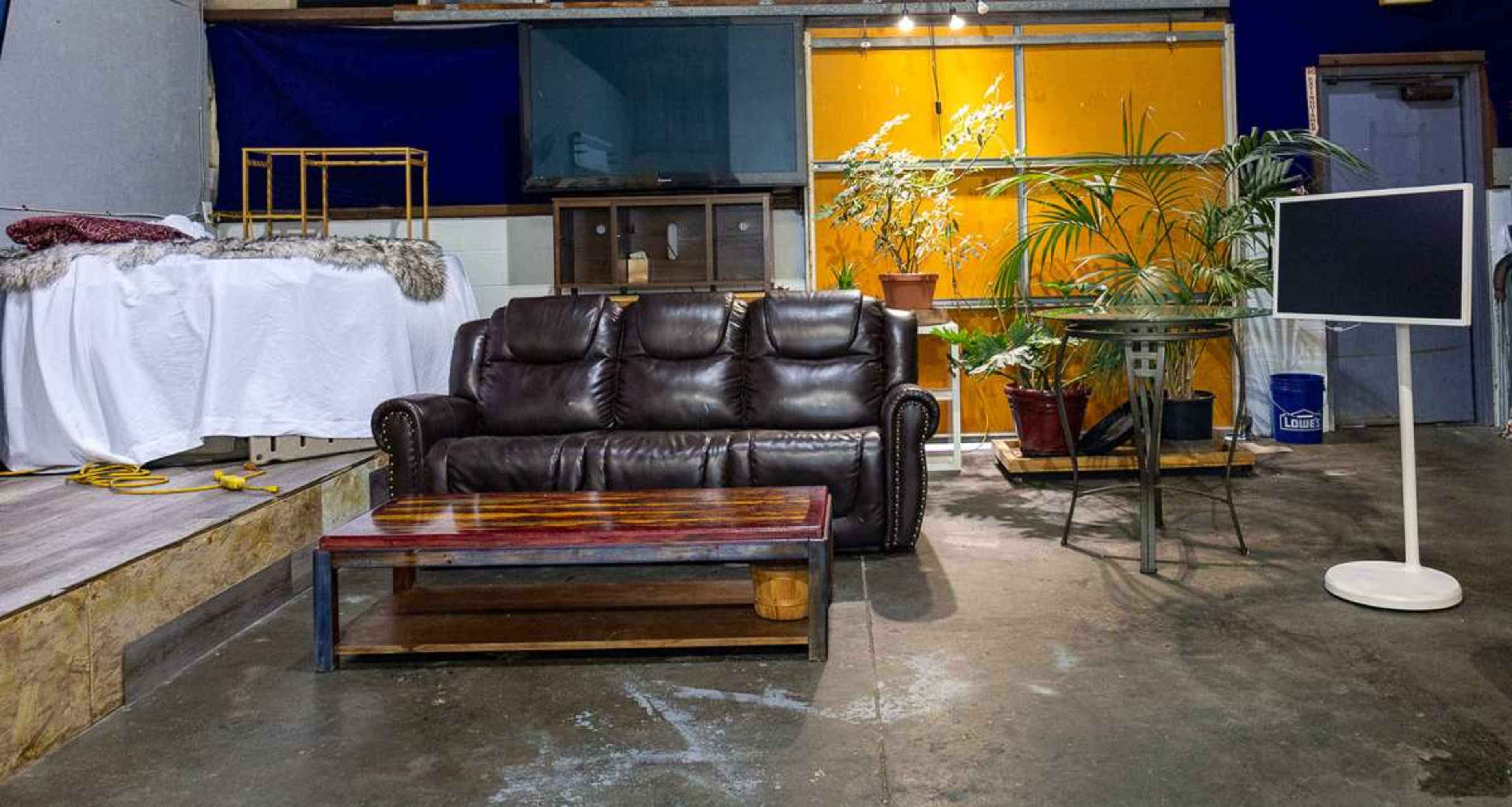 The image shows a brown leather couch in a room with a wooden coffee table, a potted plant, and a white stand holding a television.
