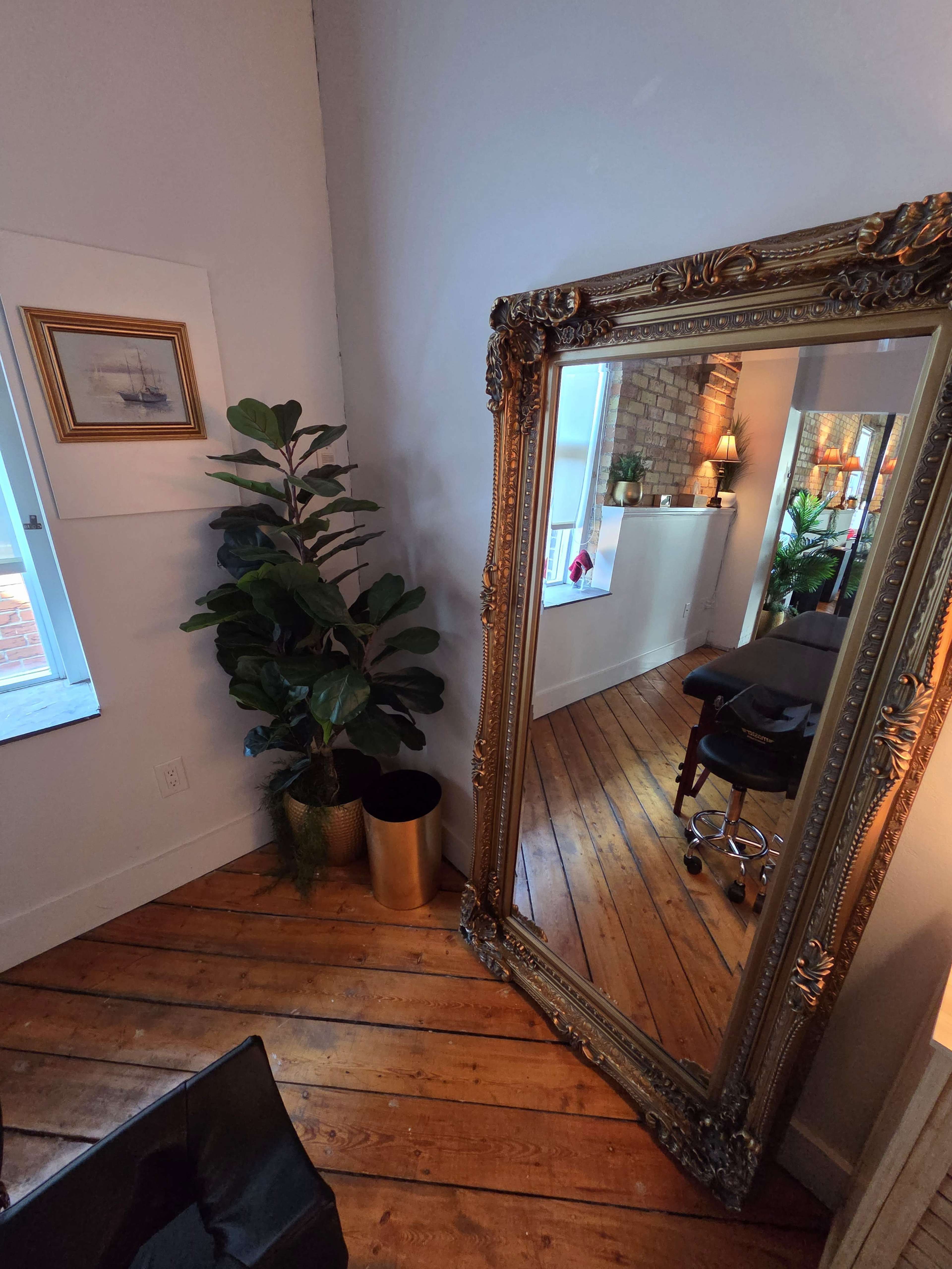 A large ornate mirror reflects a well-lit room with plants and wooden flooring.
