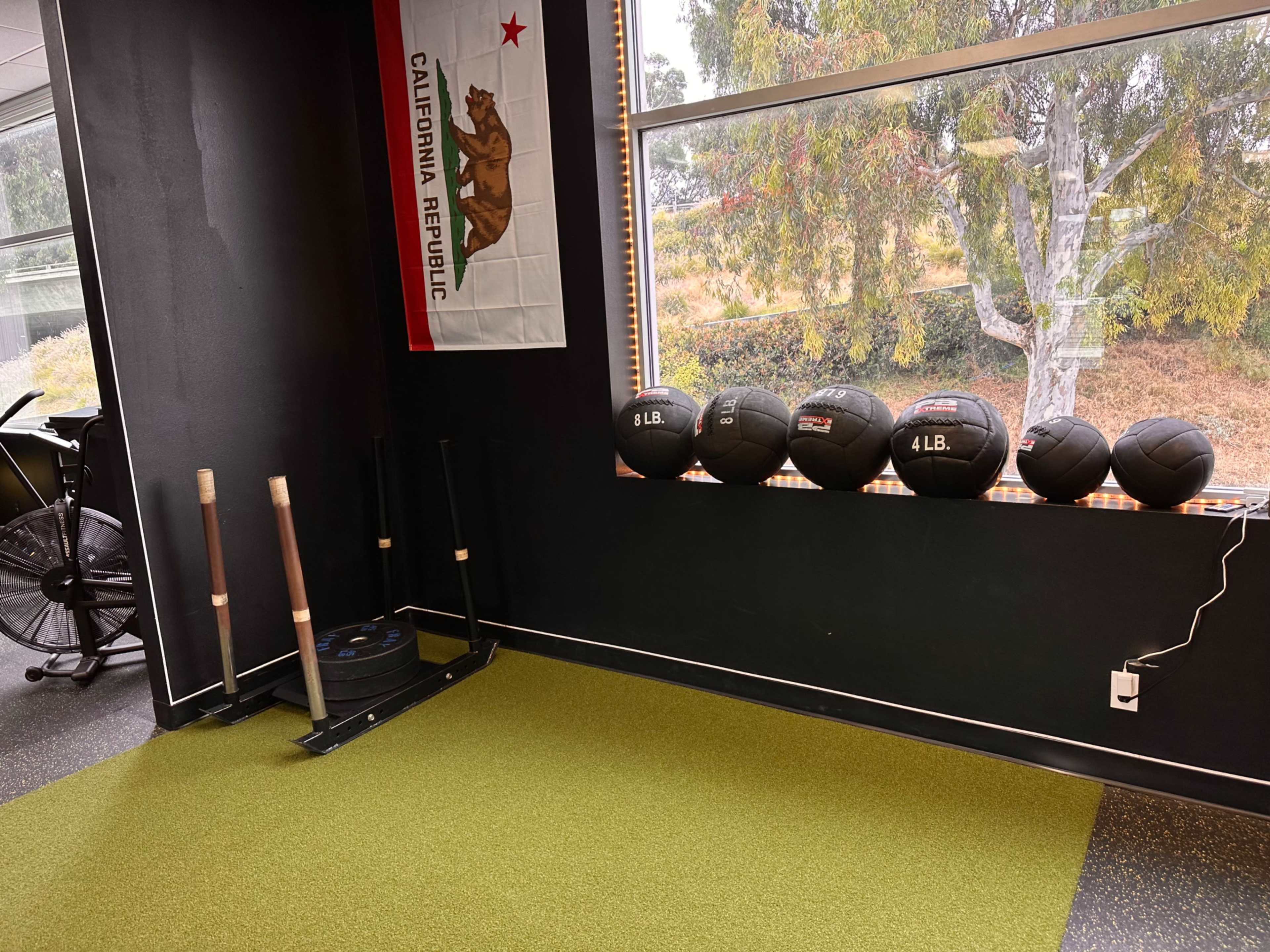 A fitness area featuring a California flag, a row of medicine balls labeled by weight, and fitness equipment against a black wall.