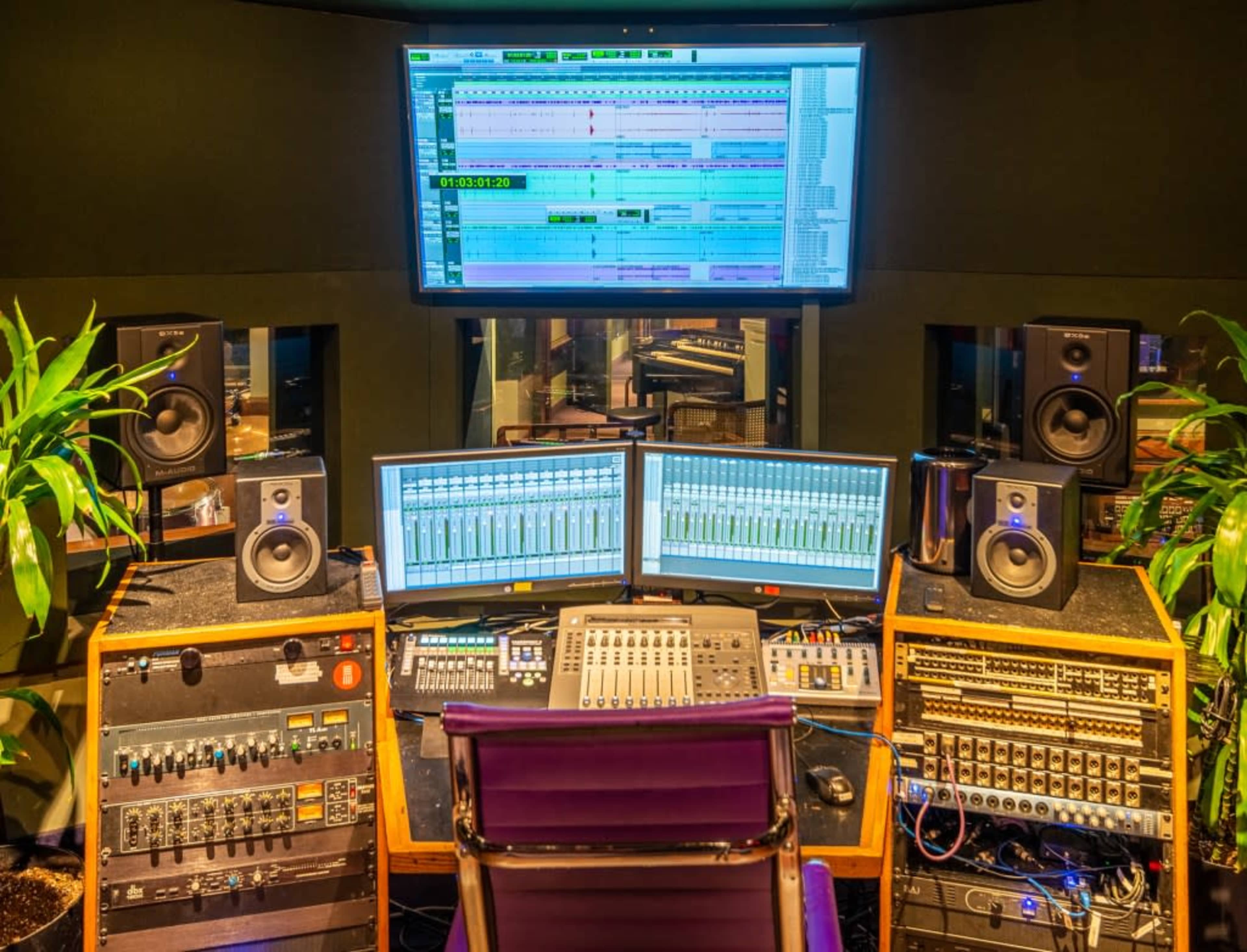 A music production studio with multiple monitors displaying audio tracks, a mixing console, and audio equipment amid indoor plants.