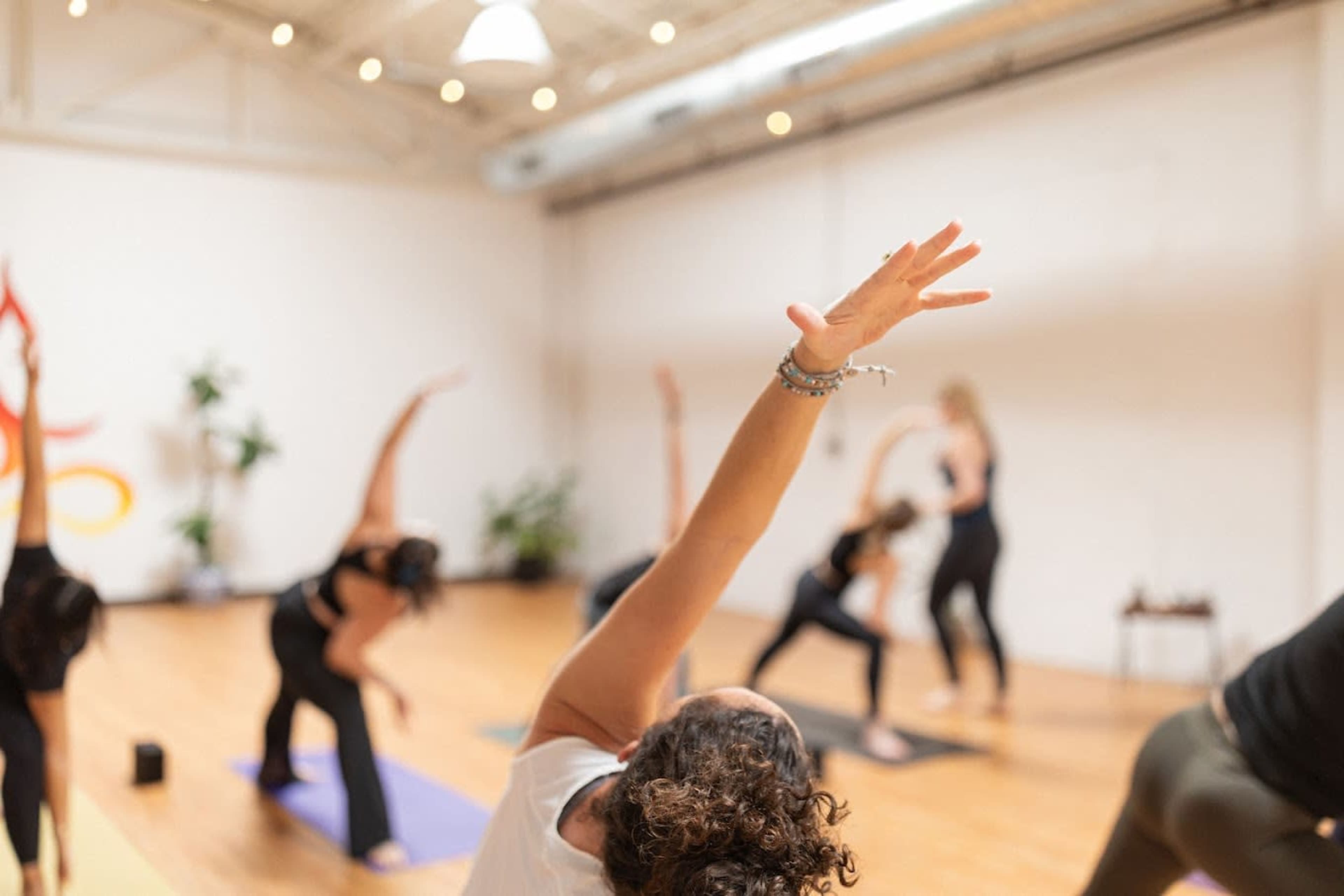 A group of people is practicing yoga in a brightly lit studio with wooden floors and large windows.