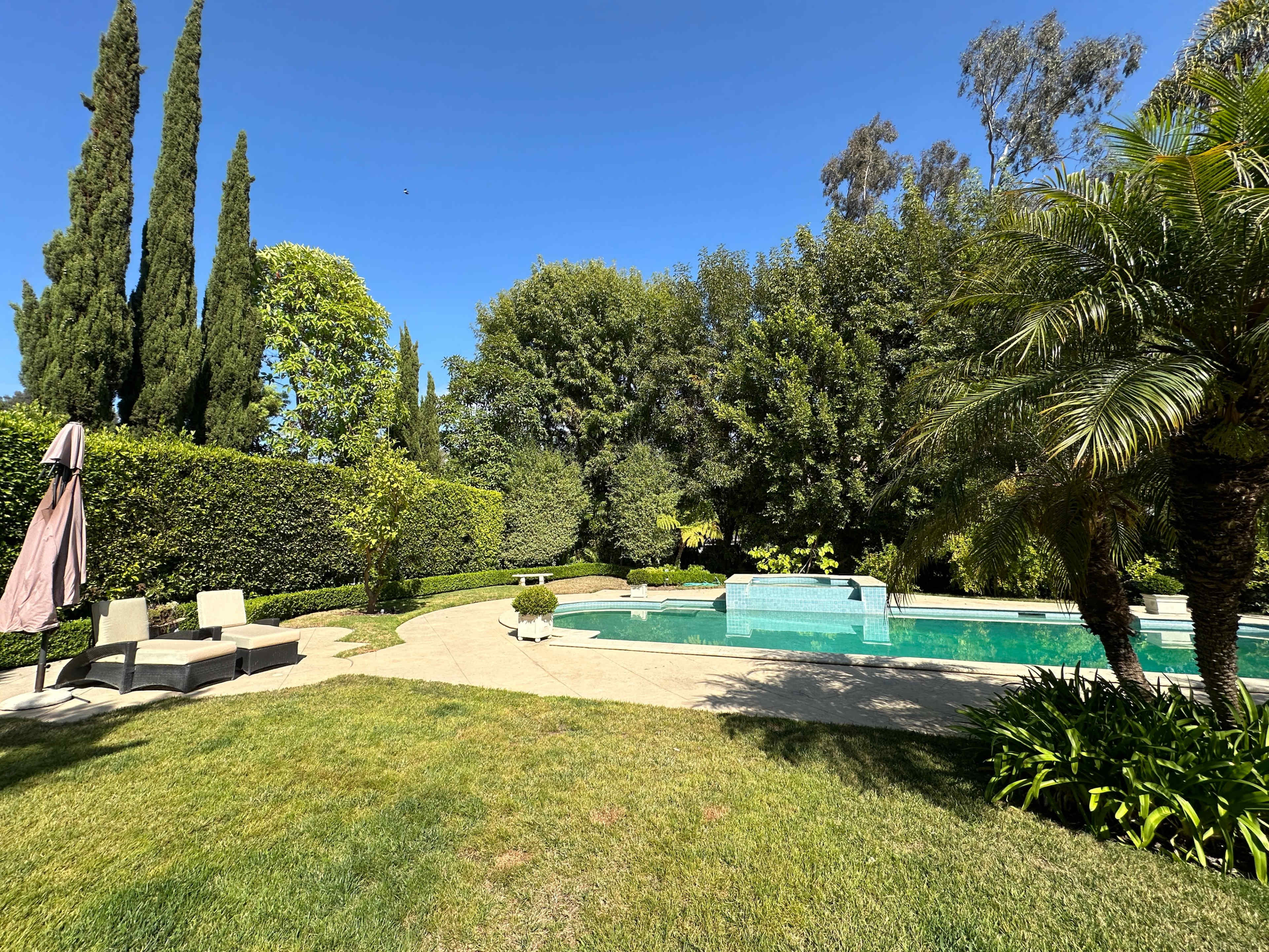A serene backyard with a swimming pool, surrounded by lush greenery, tall trees, and patio furniture.