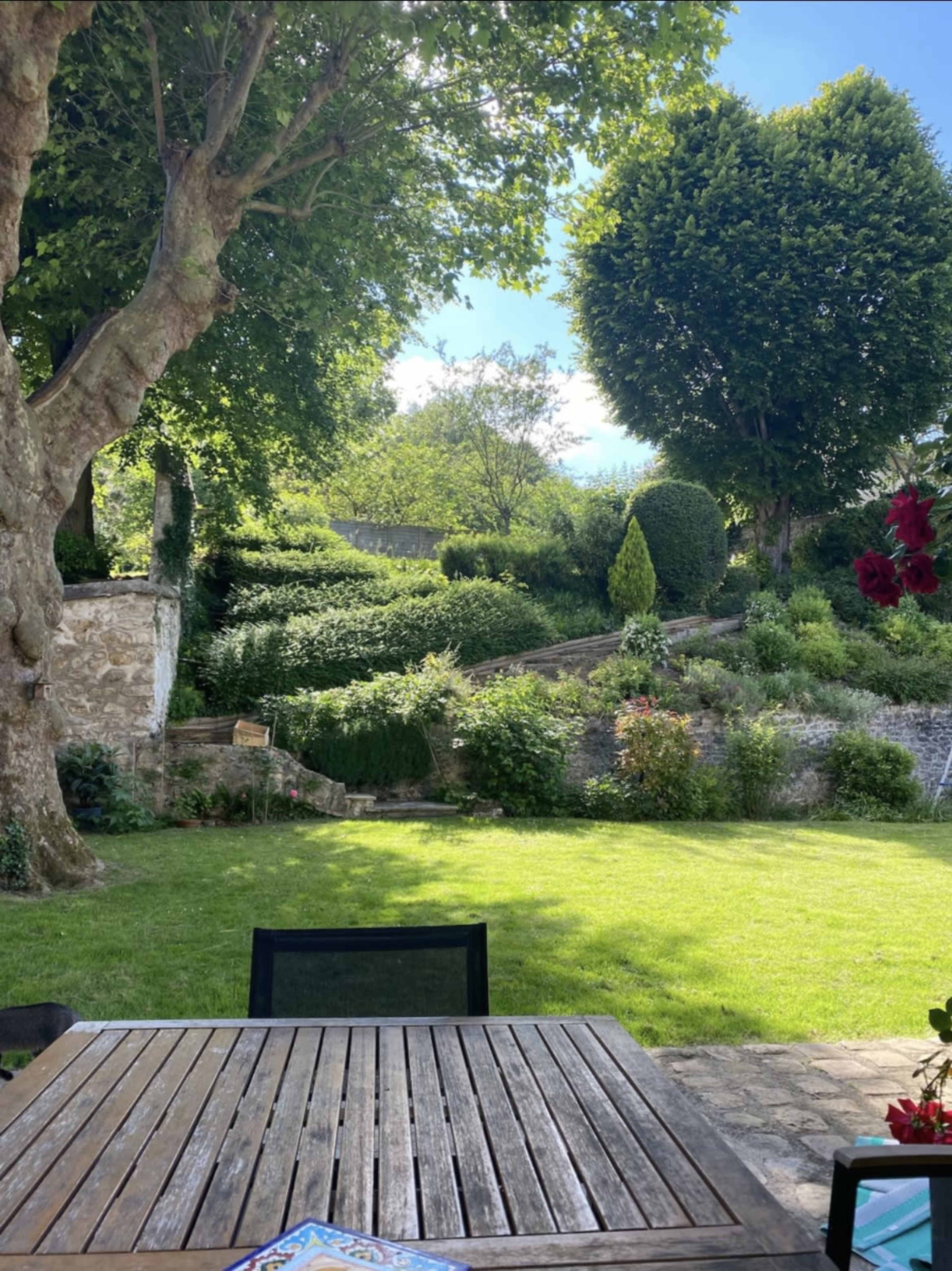 A wooden table sits in the foreground of a green garden with shrubs, trees, and a sloped path leading to a higher area.