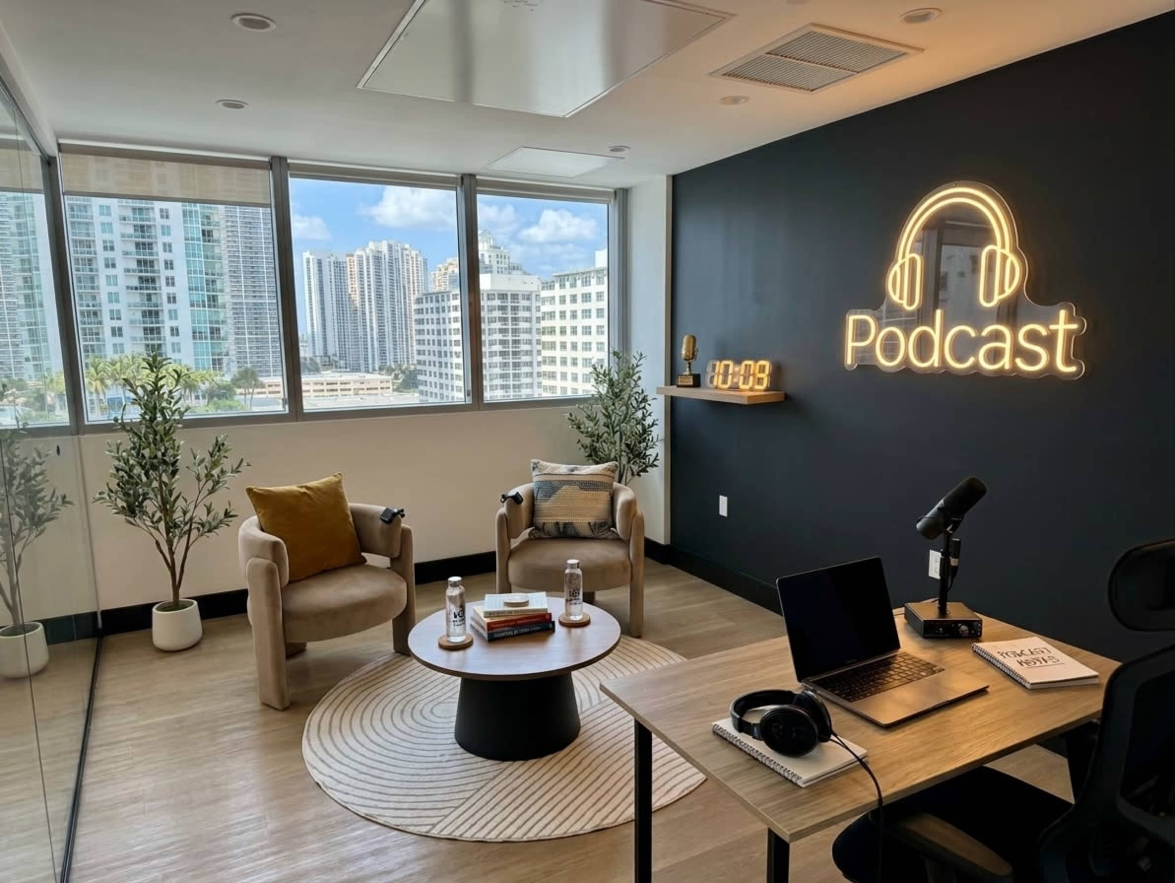 A modern podcast recording studio features two chairs, a small table with water bottles, a desk with a microphone, and a neon "Podcast" sign on a dark wall, all with large windows showing a cityscape outside.