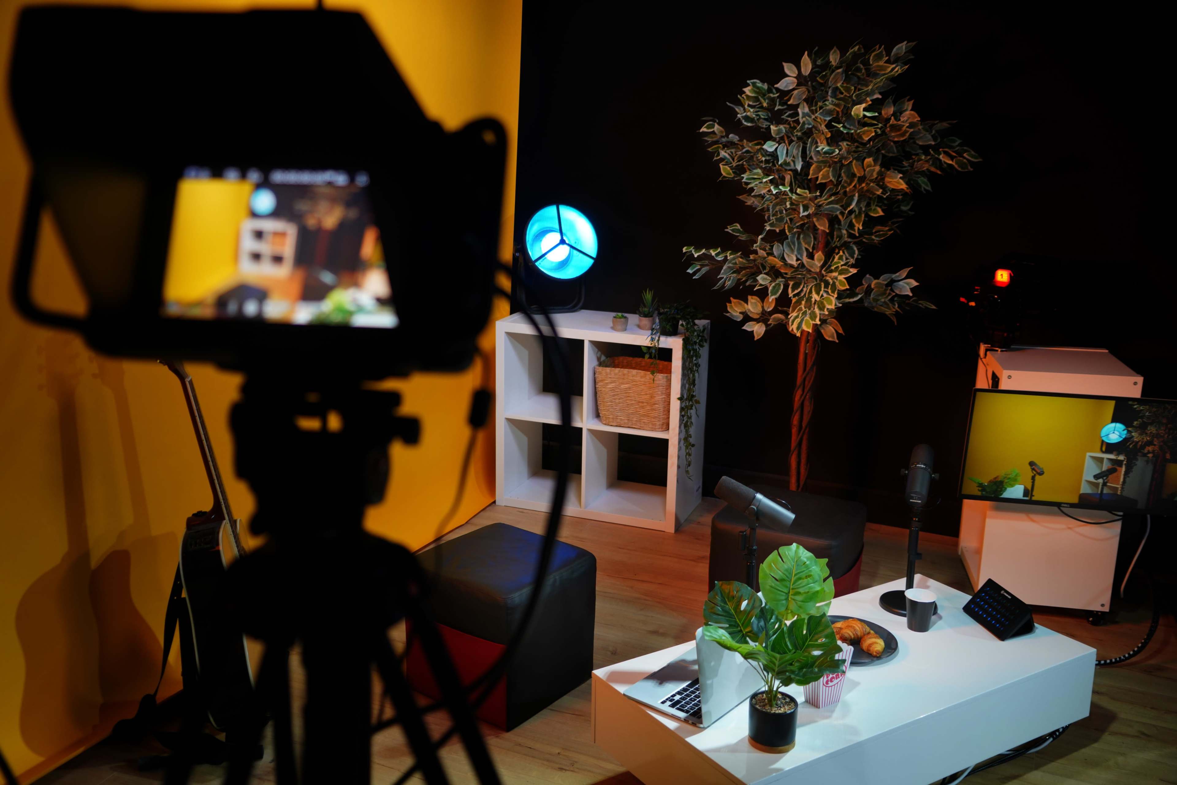 A camera is pointed at a brightly colored studio setup featuring a table with plants and decorative items against a backdrop of yellow and black walls.