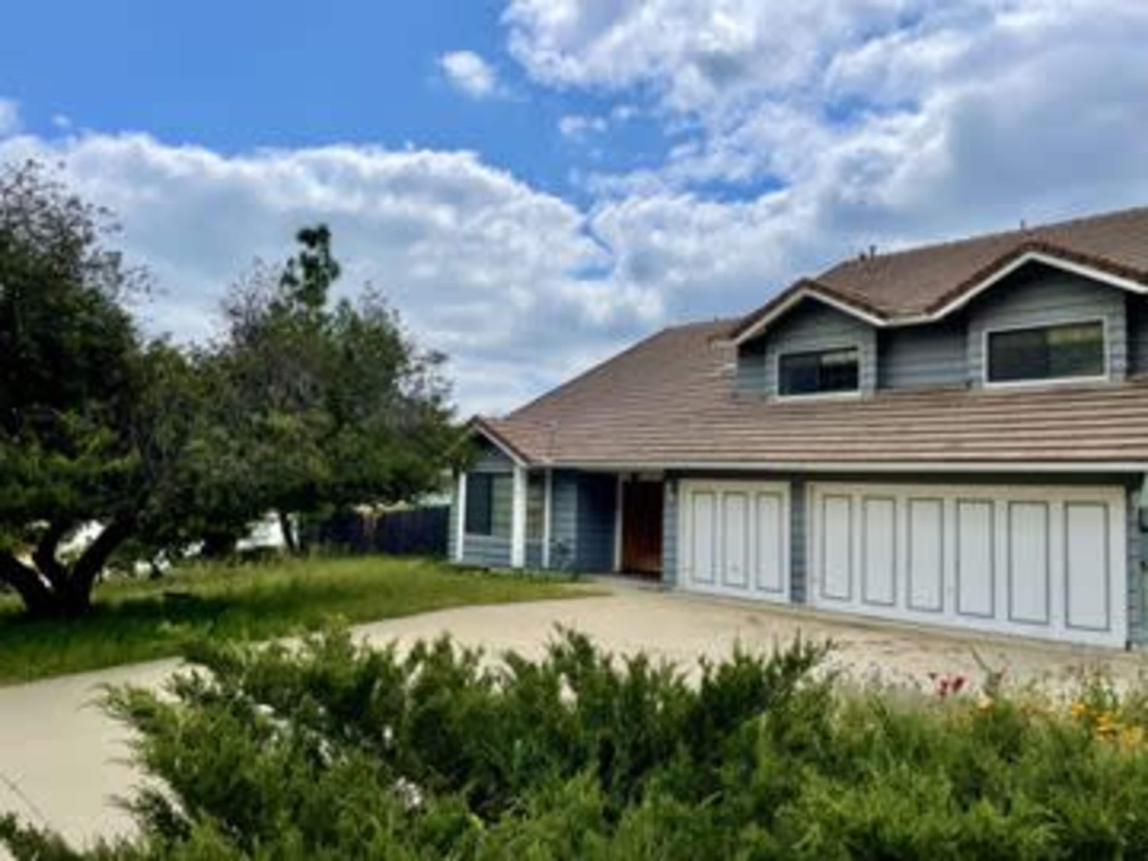 A single-story blue house with a sloped roof and a double garage is set in a grassy yard with several bushes and a tree.