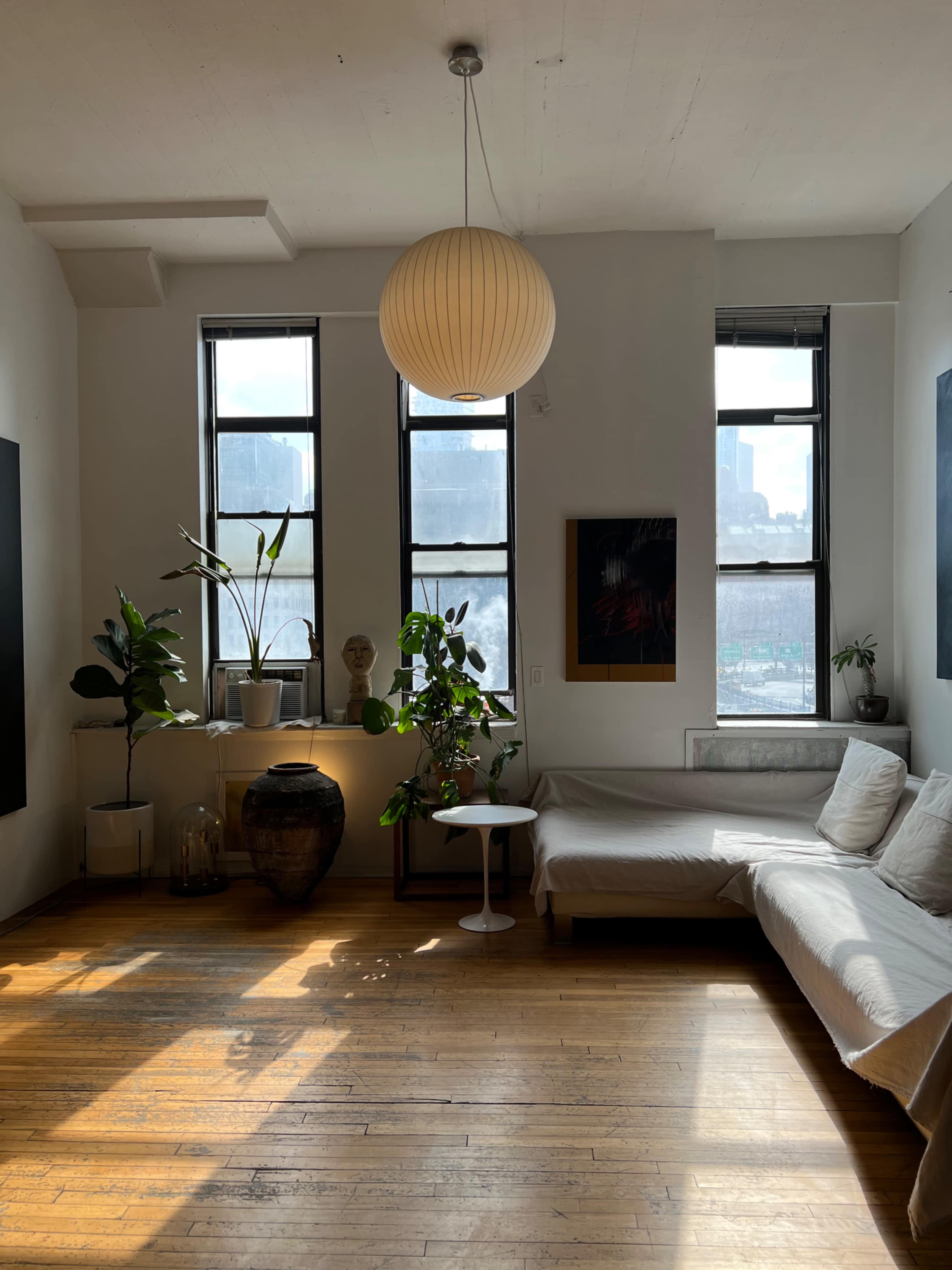 The image shows a bright living room with large windows, a white sofa, a small circular table, and various indoor plants.