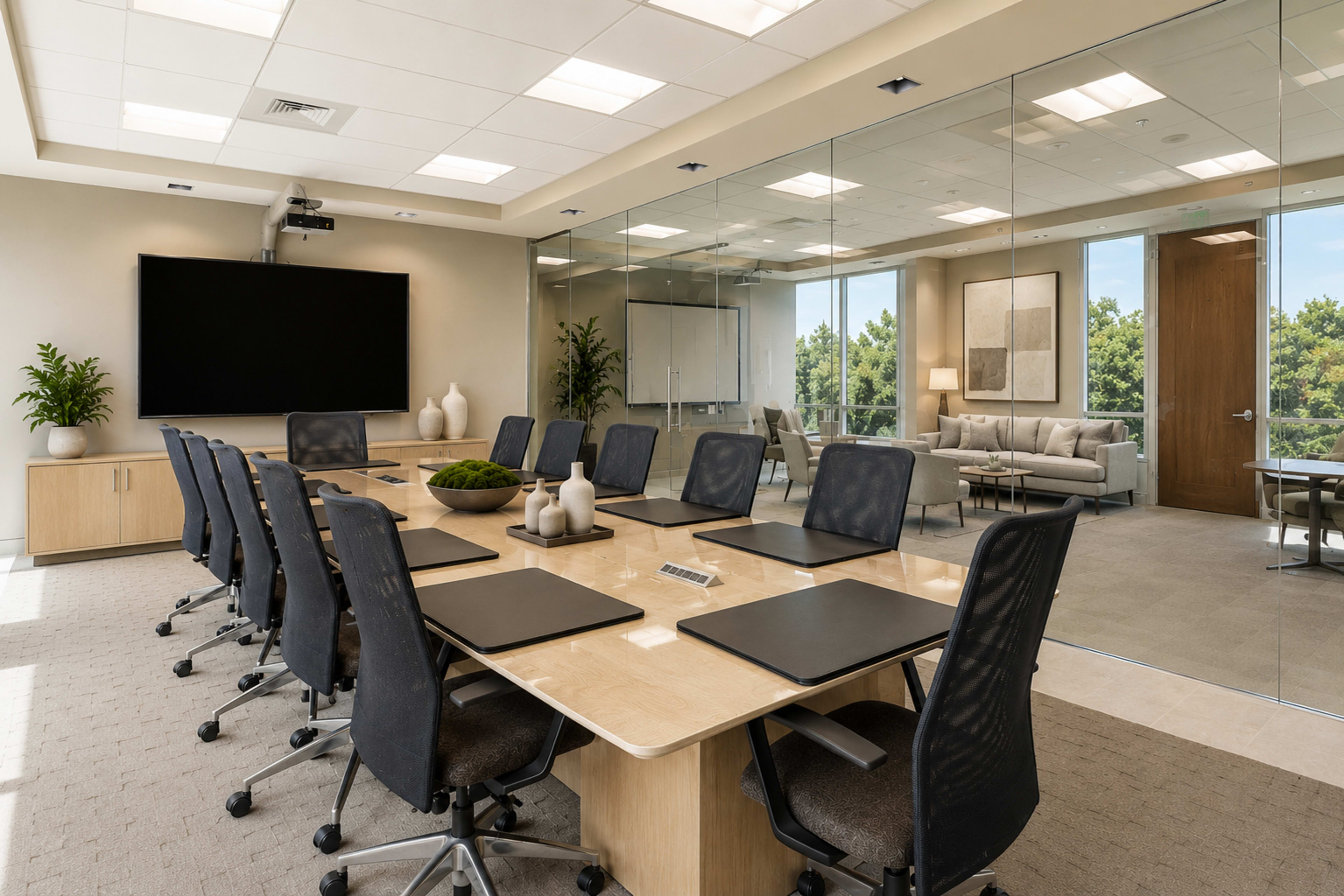 The image shows a modern conference room featuring a long wooden table, ergonomic chairs, a large wall-mounted screen, and floor-to-ceiling glass walls with views of greenery outside.