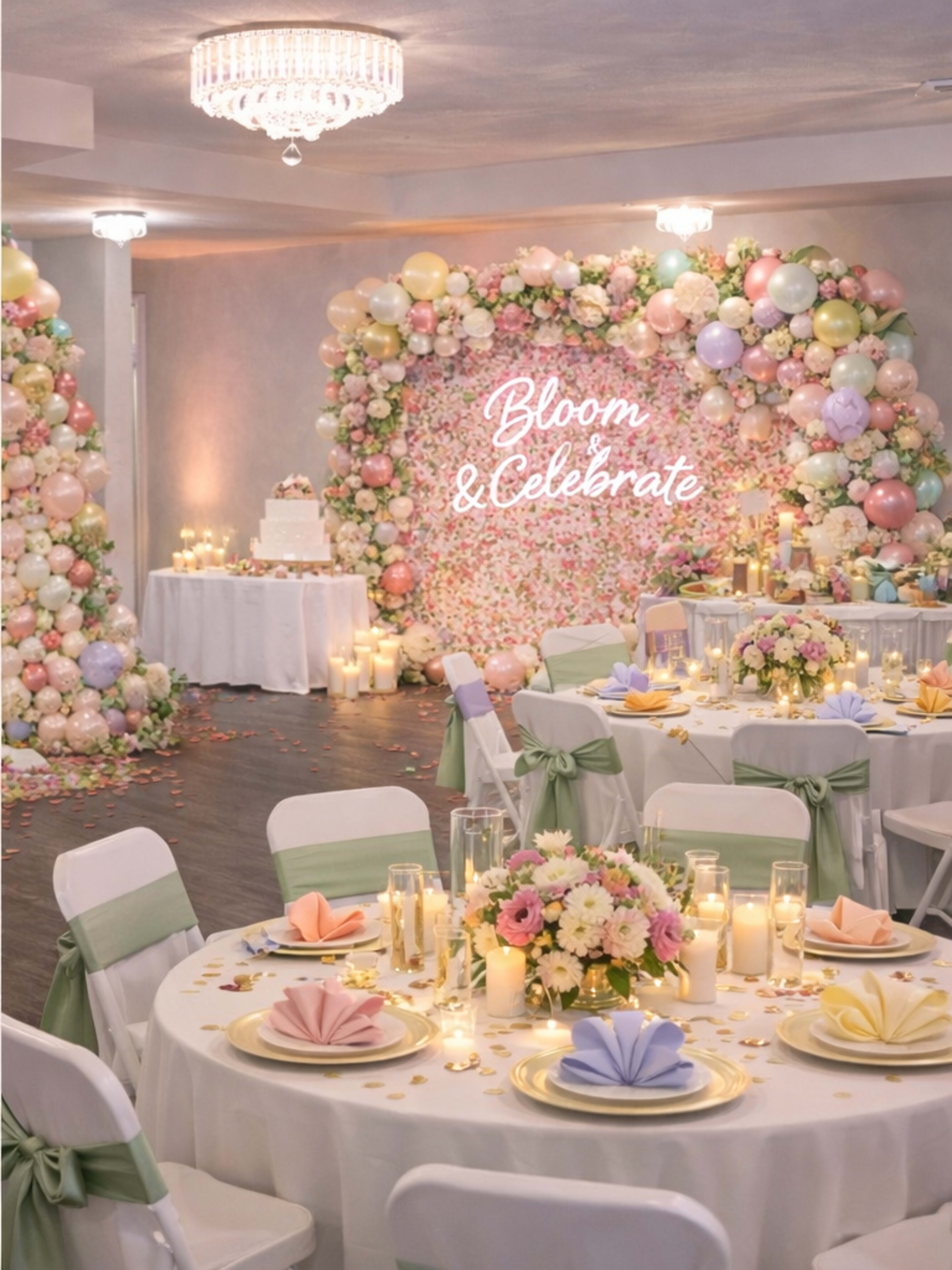 The image shows an elegantly decorated event space featuring tables adorned with pastel-colored napkins, floral centerpieces, and a backdrop of balloons with a illuminated sign reading "Bloom & Celebrate."