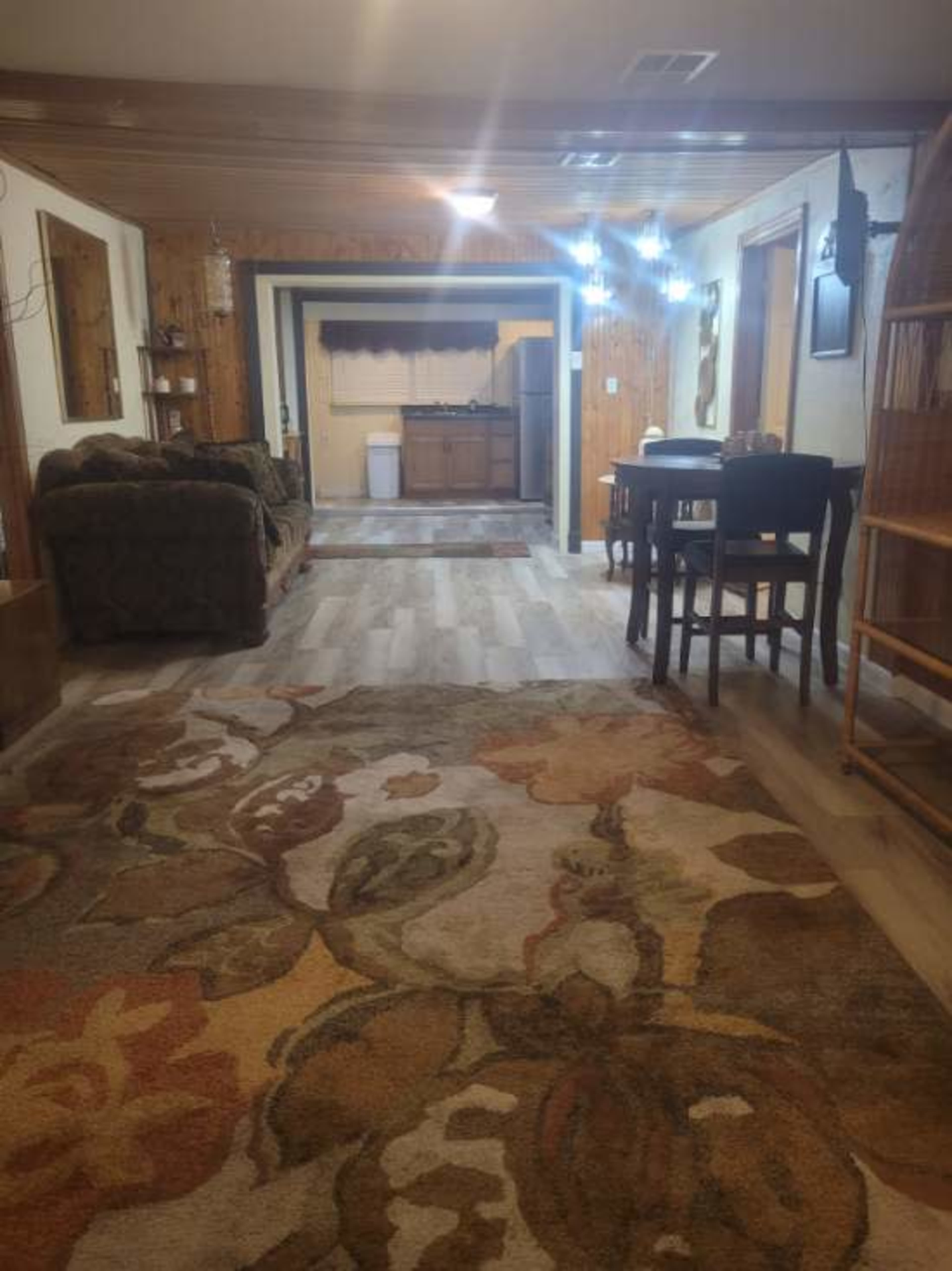 The image depicts a spacious living area featuring a patterned rug, a couch, a dining table, and a kitchen visible in the background.