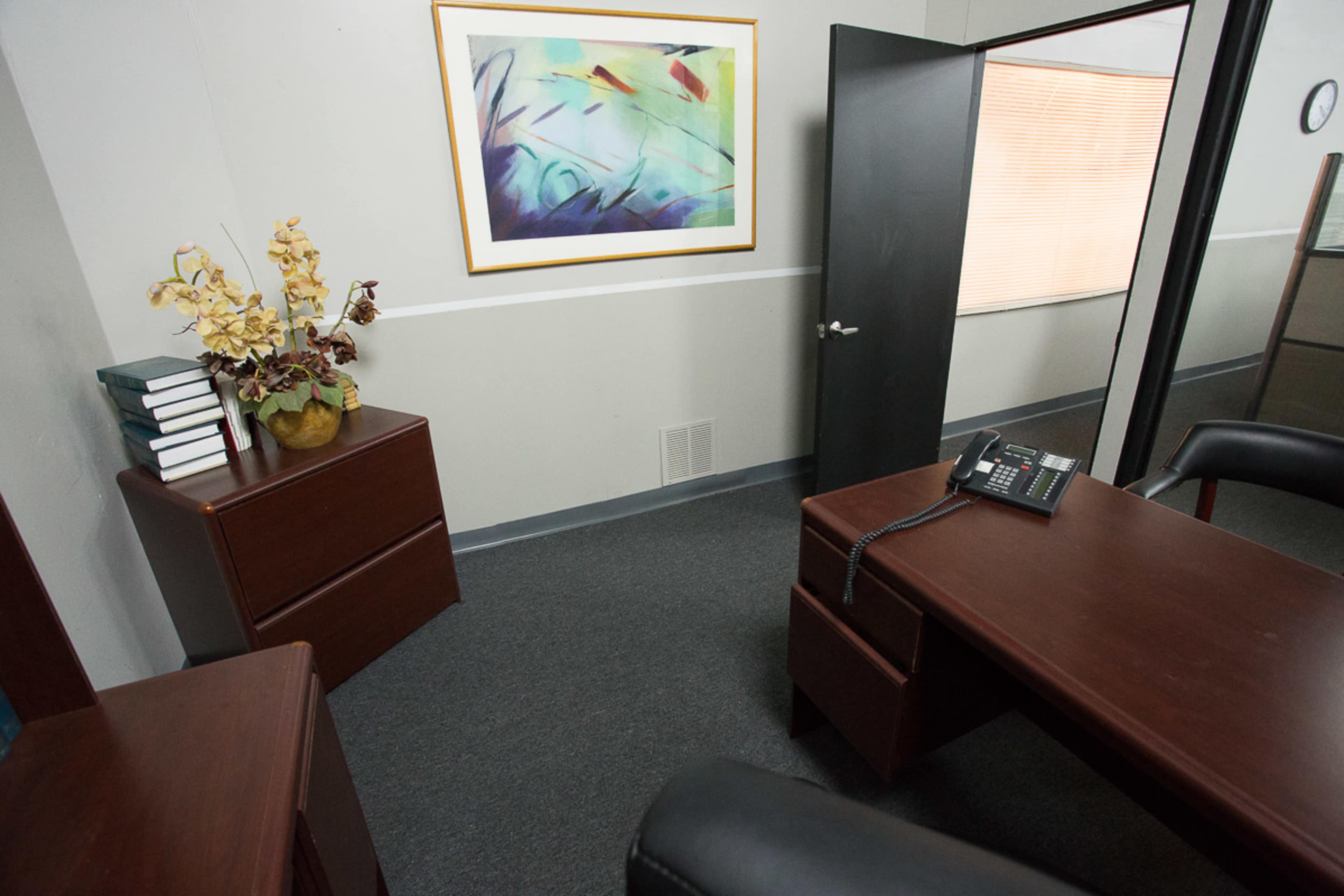A small office space featuring a desk, a telephone, a filing cabinet, a potted plant, and a colorful abstract painting on the wall.